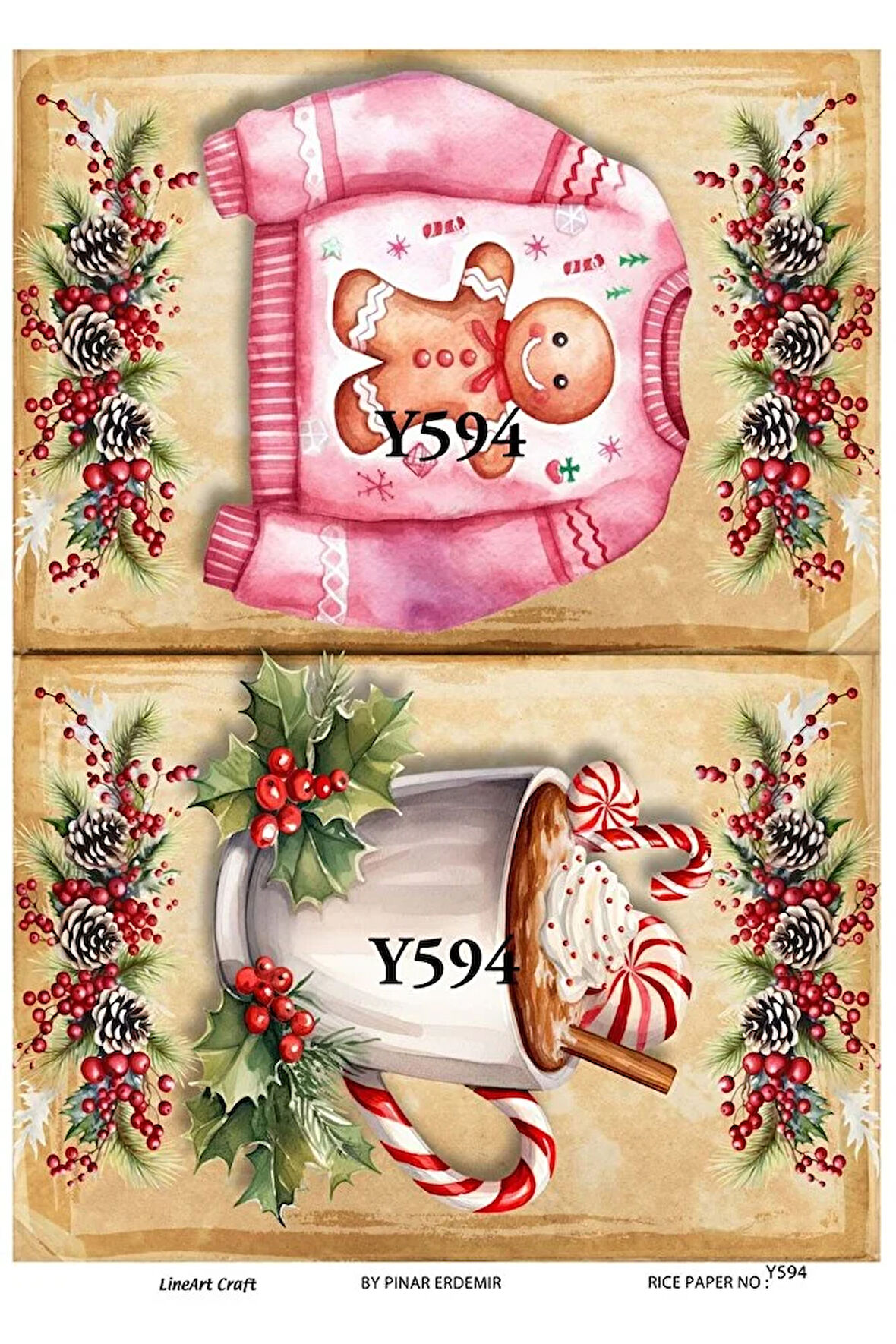 Y594 Kış, Fincan İçecek Desenli Pirinç Dekopaj 30x42