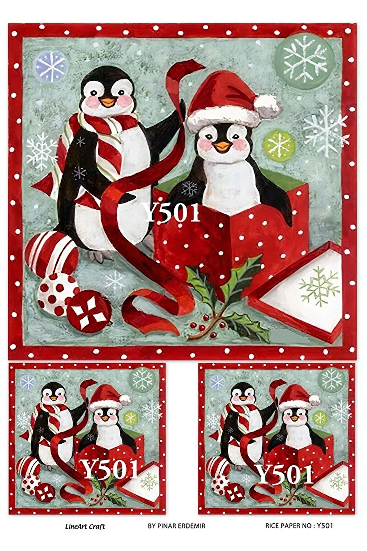Y501 Penguen, Joy, Hediye Paketi, Yeniyıl Desenli Pirinç Dekopaj 30x42