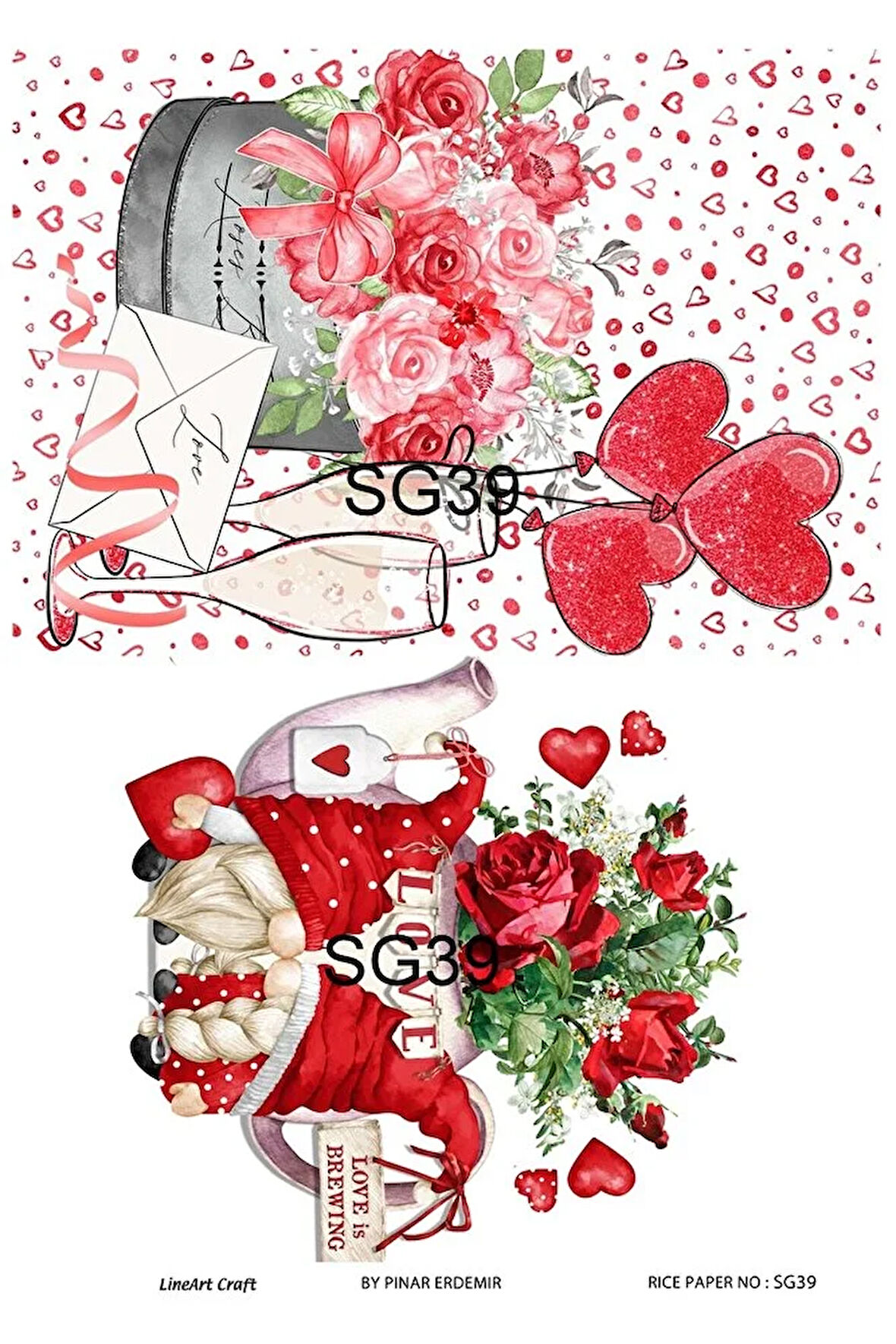 Sevgililer Günü Serisi SG39 Çiçekler, Kalp, Güller Pirinç Dekopaj 30x42