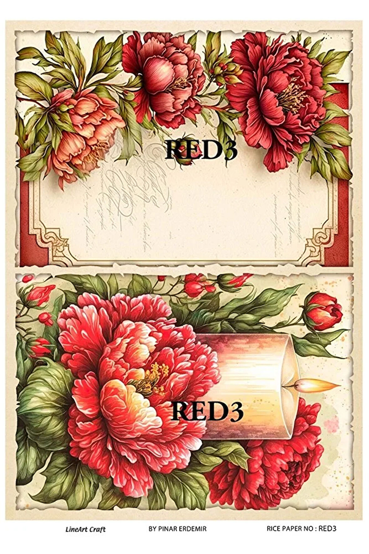 Red Serisi RED3 Kırmızı, Çiçek Desenli Pirinç Dekopaj 30x42