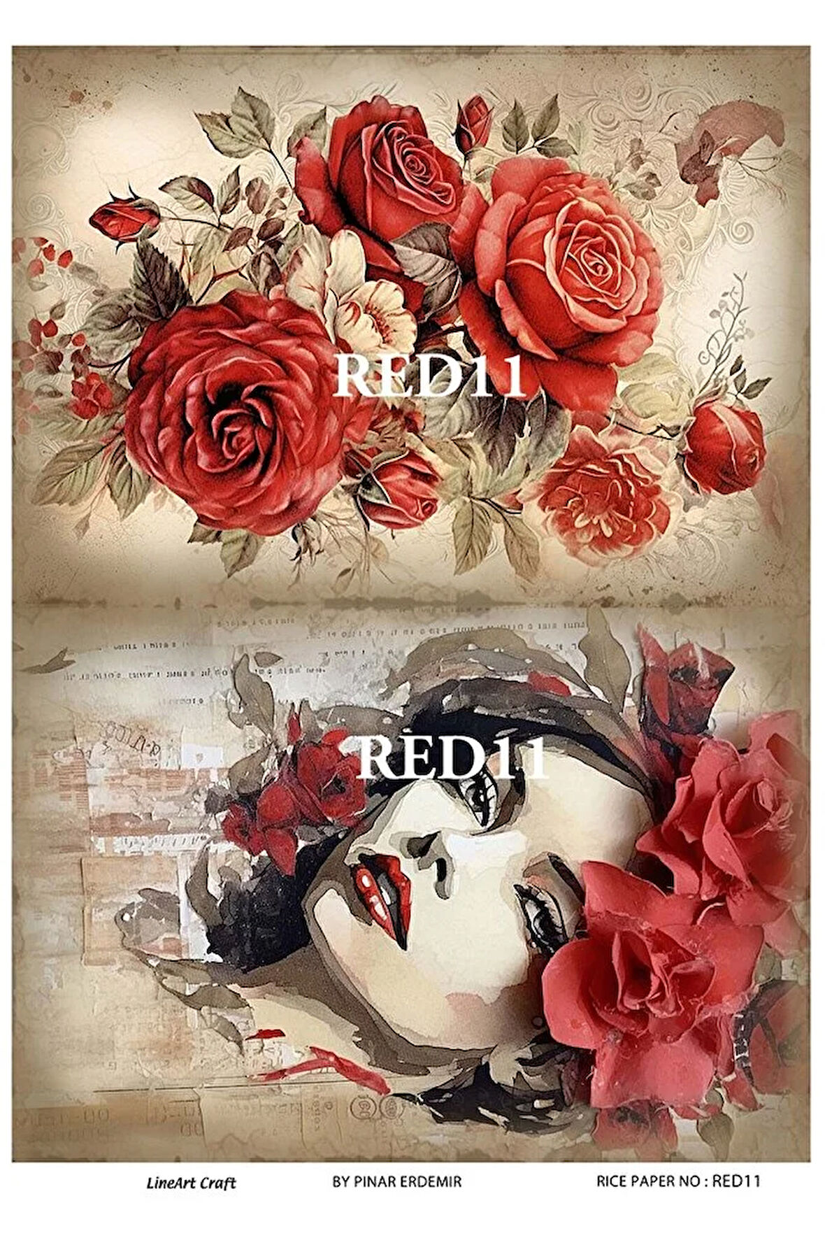 Red Serisi RED11 Kırmızı, Çiçek, Kadın Desenli Pirinç Dekopaj 30x42