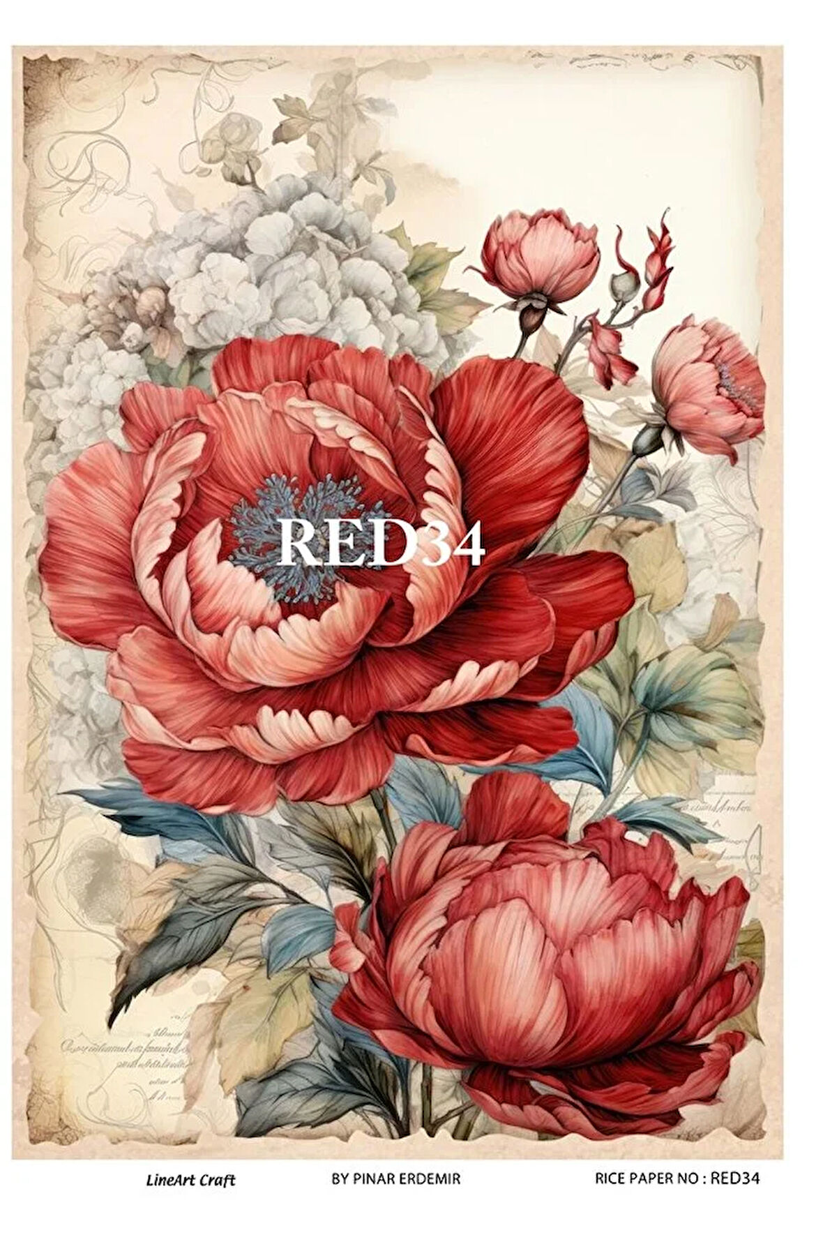 Red Serisi RED34 Kırmızı, Çiçek, Kadın Desenli Pirinç Dekopaj 30x42