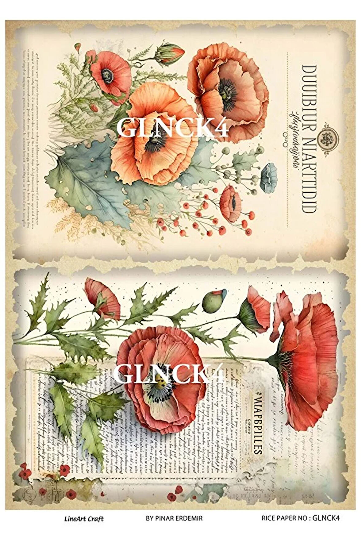 Gelincik Serisi GLNCK4 Gelincik, Çiçek, Kırmızı Desen Pirinç Dekopaj 30x42