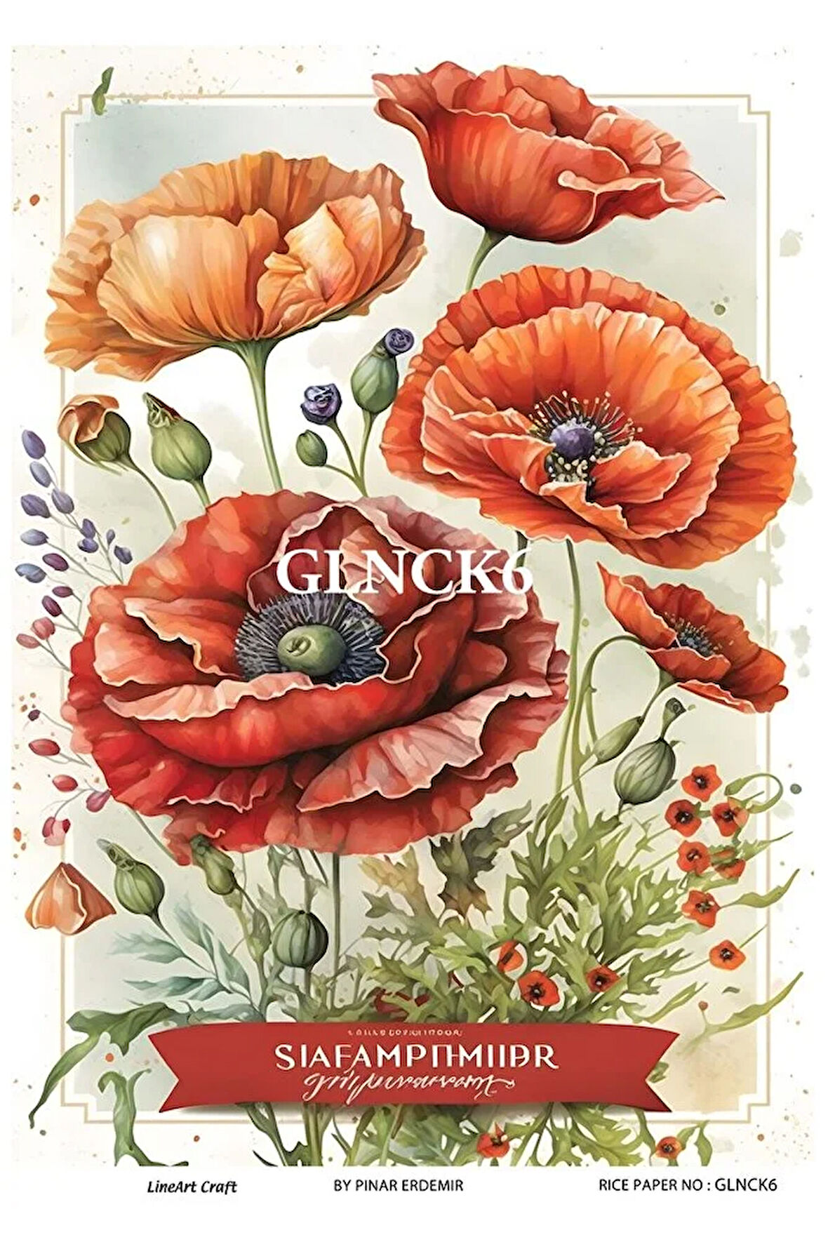 Gelincik Serisi GLNCK6 Gelincik, Çiçek, Kırmızı Desen Pirinç Dekopaj 30x42