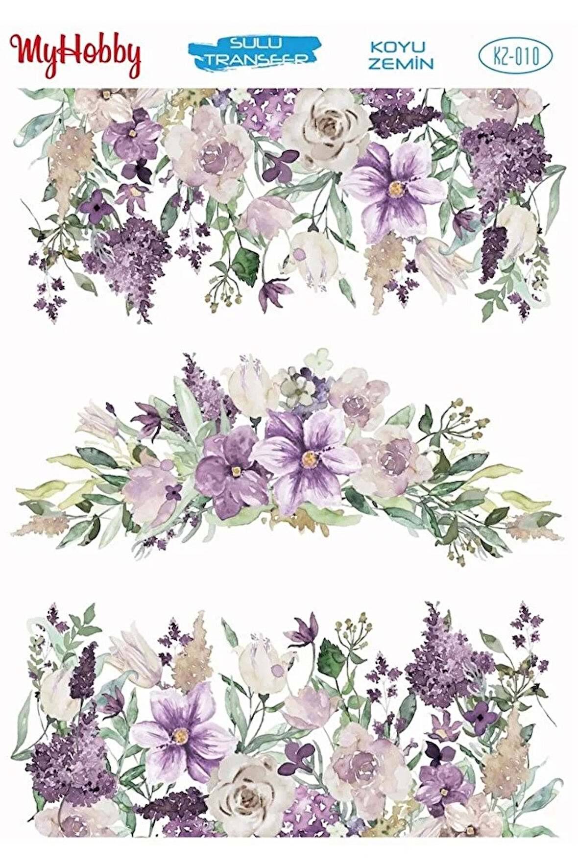 KZ010 Koyu Zemin Mor, Lila Çiçek Desenli Sulu Transfer 25x35