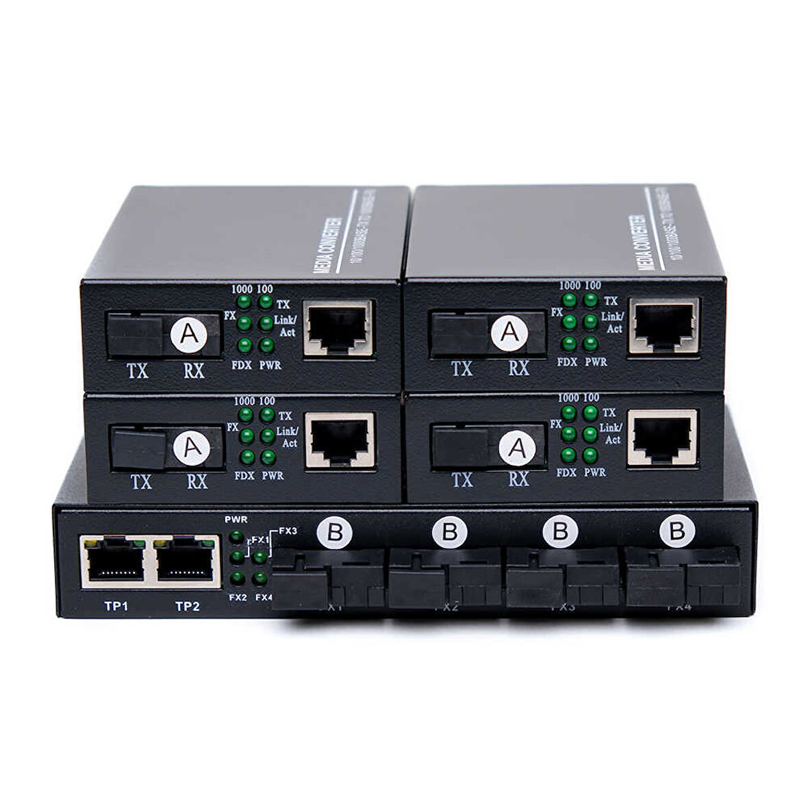 Fiber Optik 4 Port 1000 Mbit Media Converter Switch+4 Adet 1000 Mbit Media Converter Set