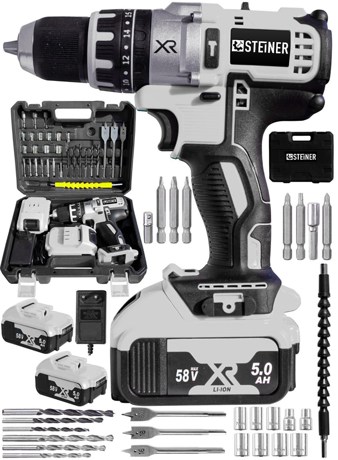 Steiner Germany Technology Darbeli 58 V 5 Ah Gri XR Li-ion Çift Akülü Şarjlı Vidalama Matkap Pro Set