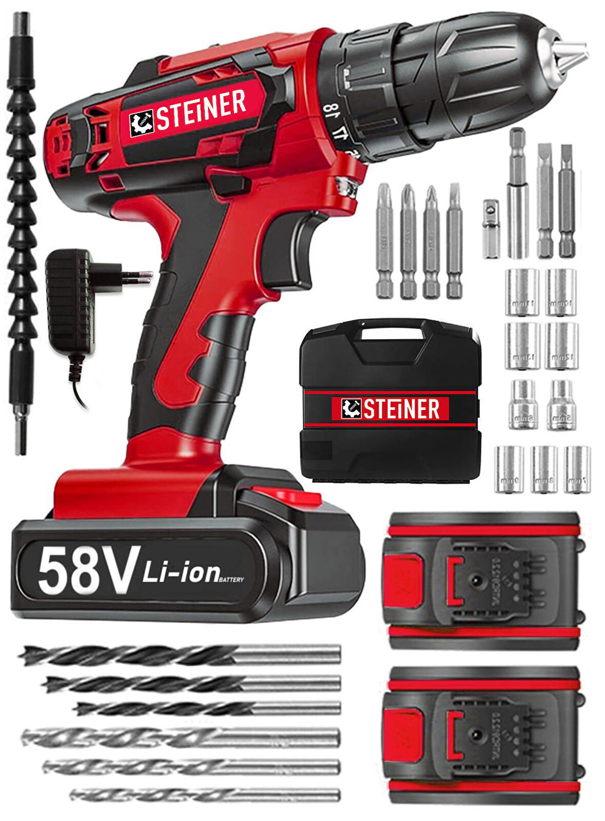 Steiner Alman V-tech 58 V 5 Ah Çelik Motor Çelik Şanzuman Darbeli Şarjlı Çift Akülü Vidalama Matkap