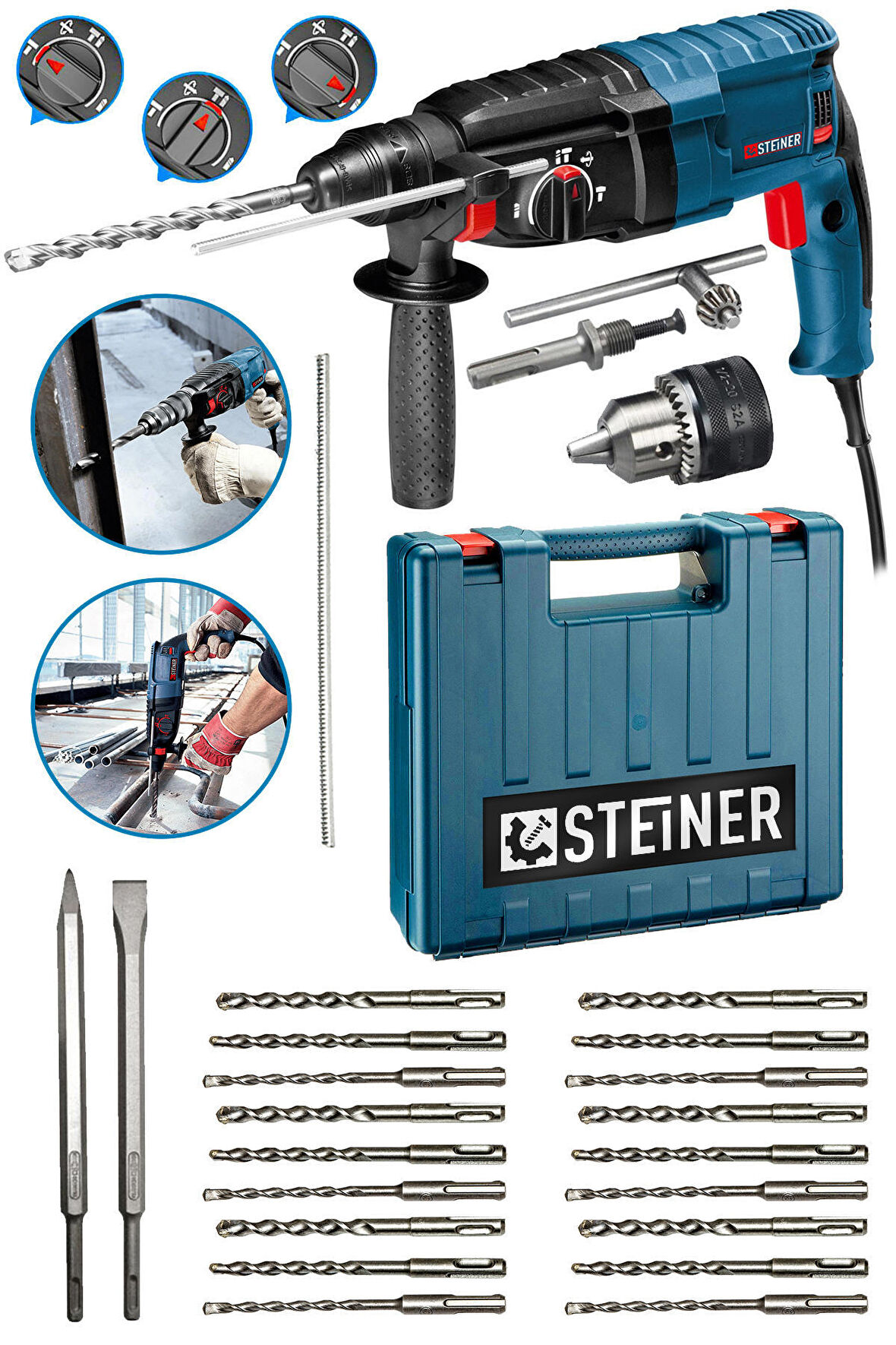 Steiner Alman 4000 Watt Profesyonel Kırıcı Delici Hilti Darbeli Matkap + 20 Adet Uç + Mandren