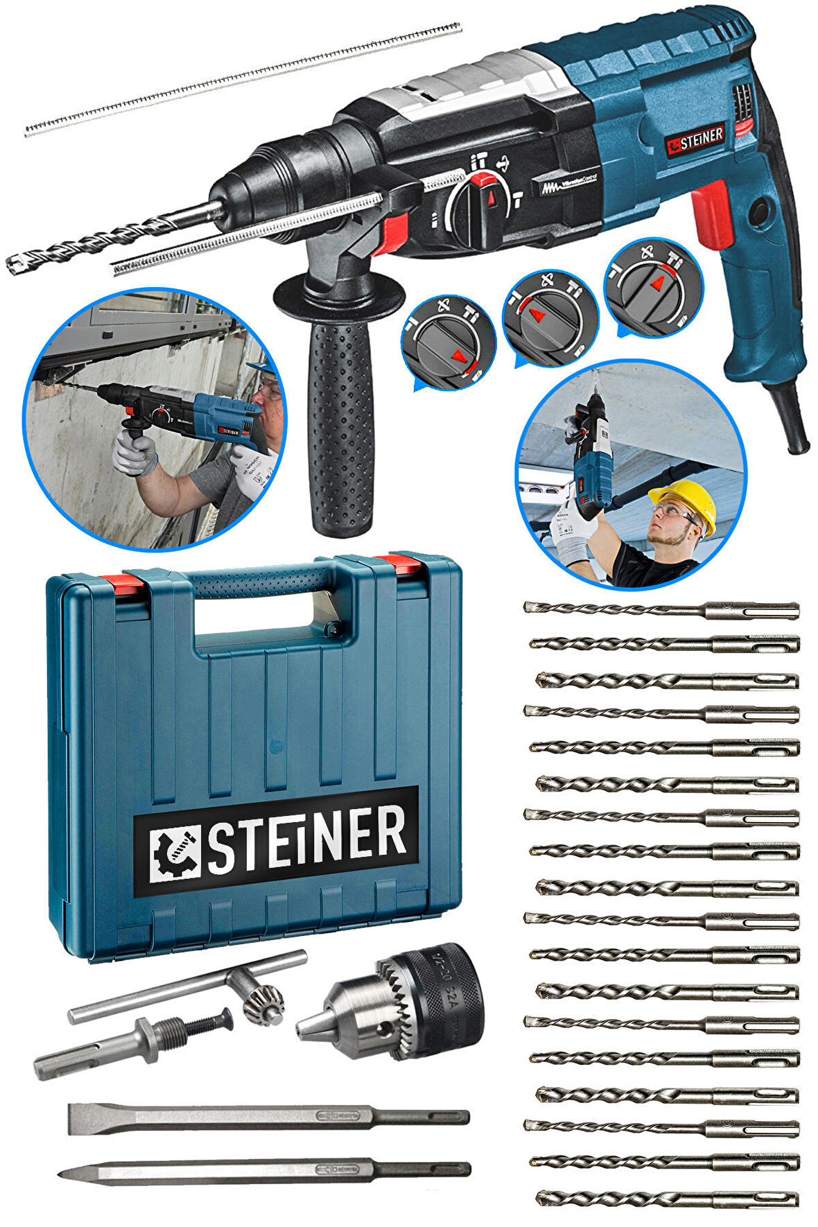 Steiner Alman 4000 Watt Profesyonel Kırıcı Delici Hilti Darbeli Matkap Gri + 20 Adet Uç + Mandren