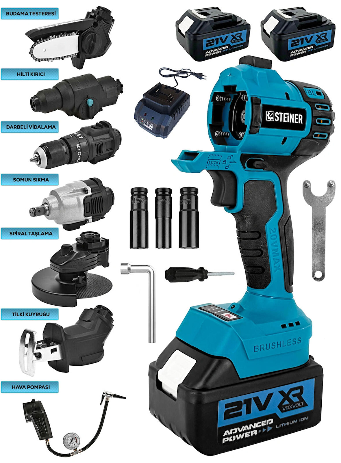 Steiner 7 Başlıklı Set Spiral Taşlama Somun Sıkma Tilki Kuyruğu Dal Budama Akülü Vidalama Hava Pompası Hilti