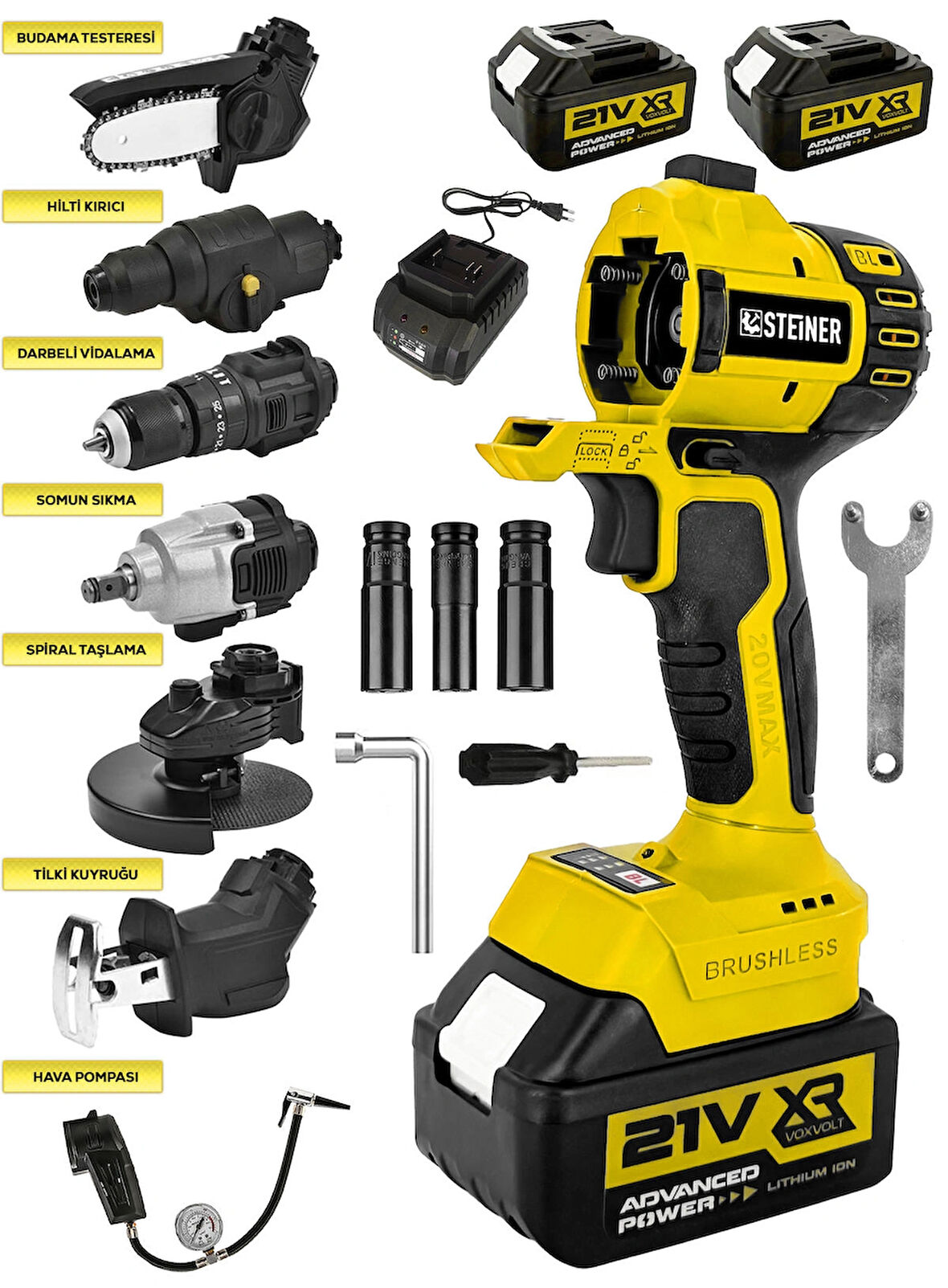 Steiner 7 Başlıklı Set Spiral Taşlama Somun Sıkma Tilki Kuyruğu Dal Budama Akülü Vidalama Hava Pompası Hilti