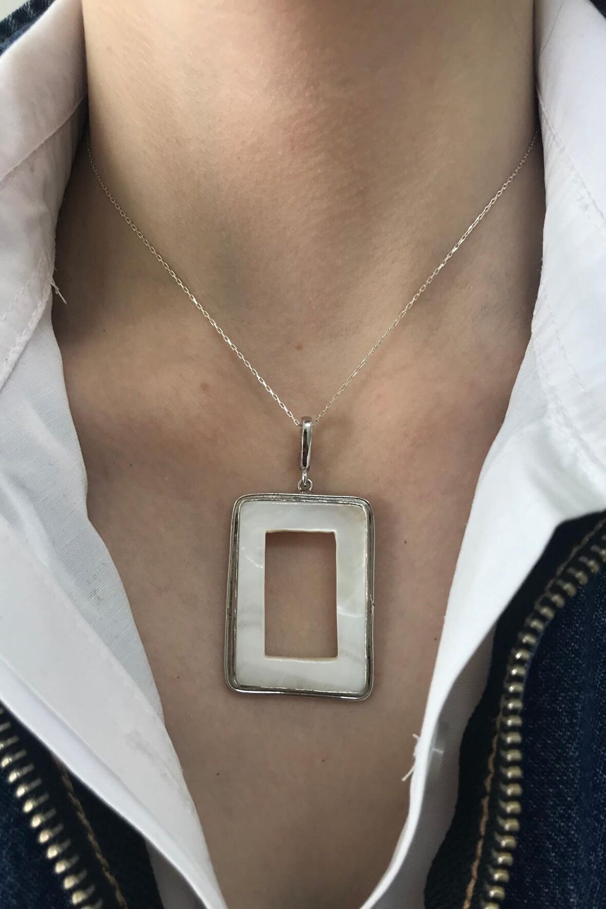 Birinci1926 925 Ayar Gümüş Mother Of Pearl Beyaz Sedef Dikdörtgen Kolye