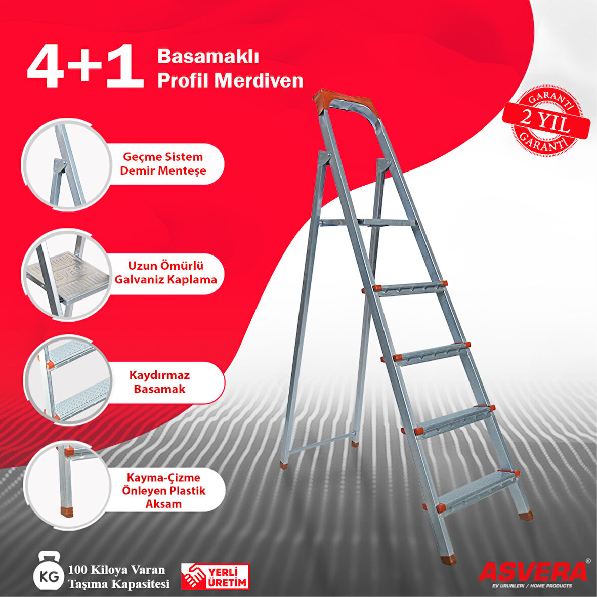 Yakut Serisi - 4+1 Basamaklı Galvanizli Profil Merdiven - Ev - Bahçe - İş Yeri İçin Dayanıklı