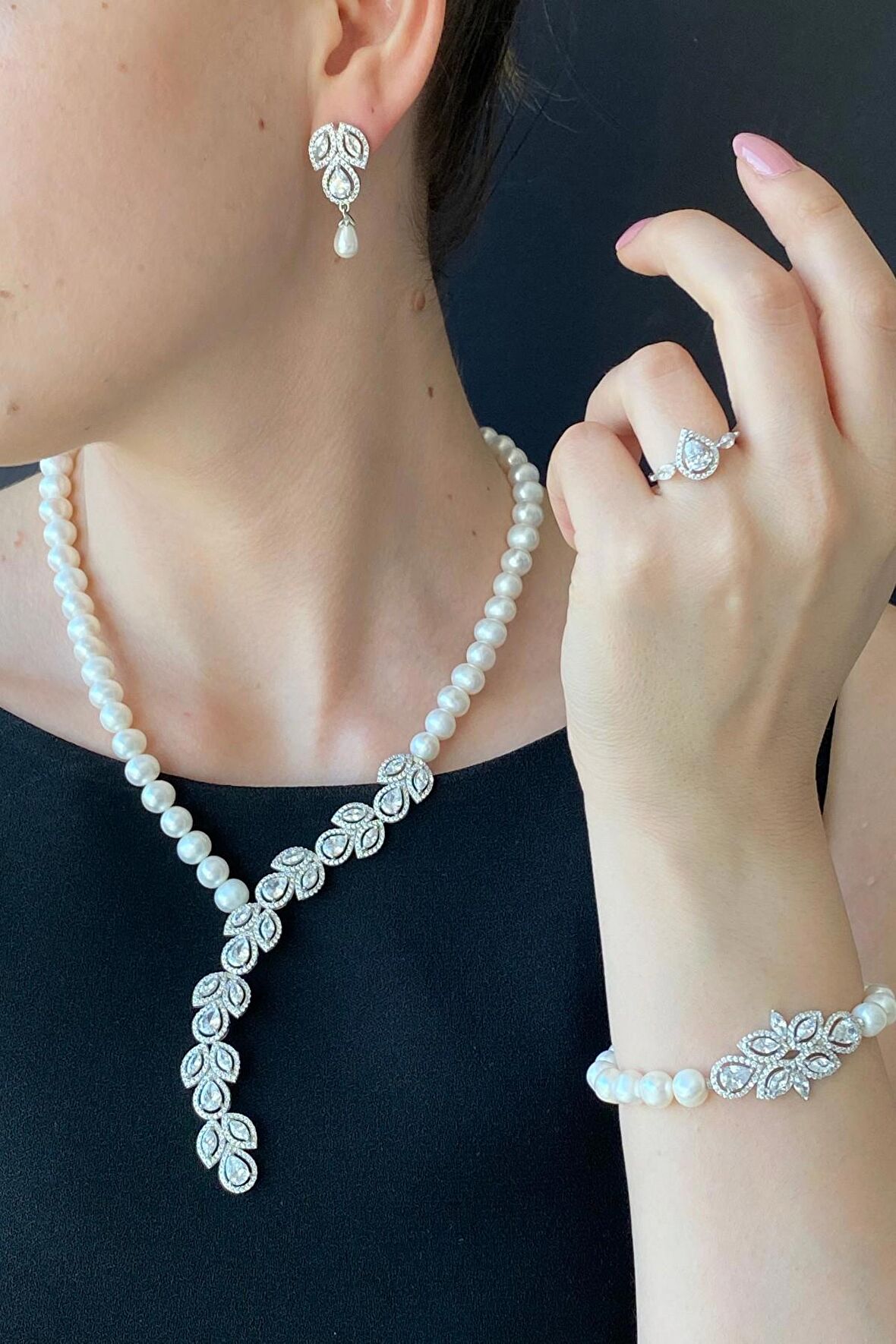 Birinci1926 925 Ayar Gümüş Kadın Damla Taşlı İnci Set