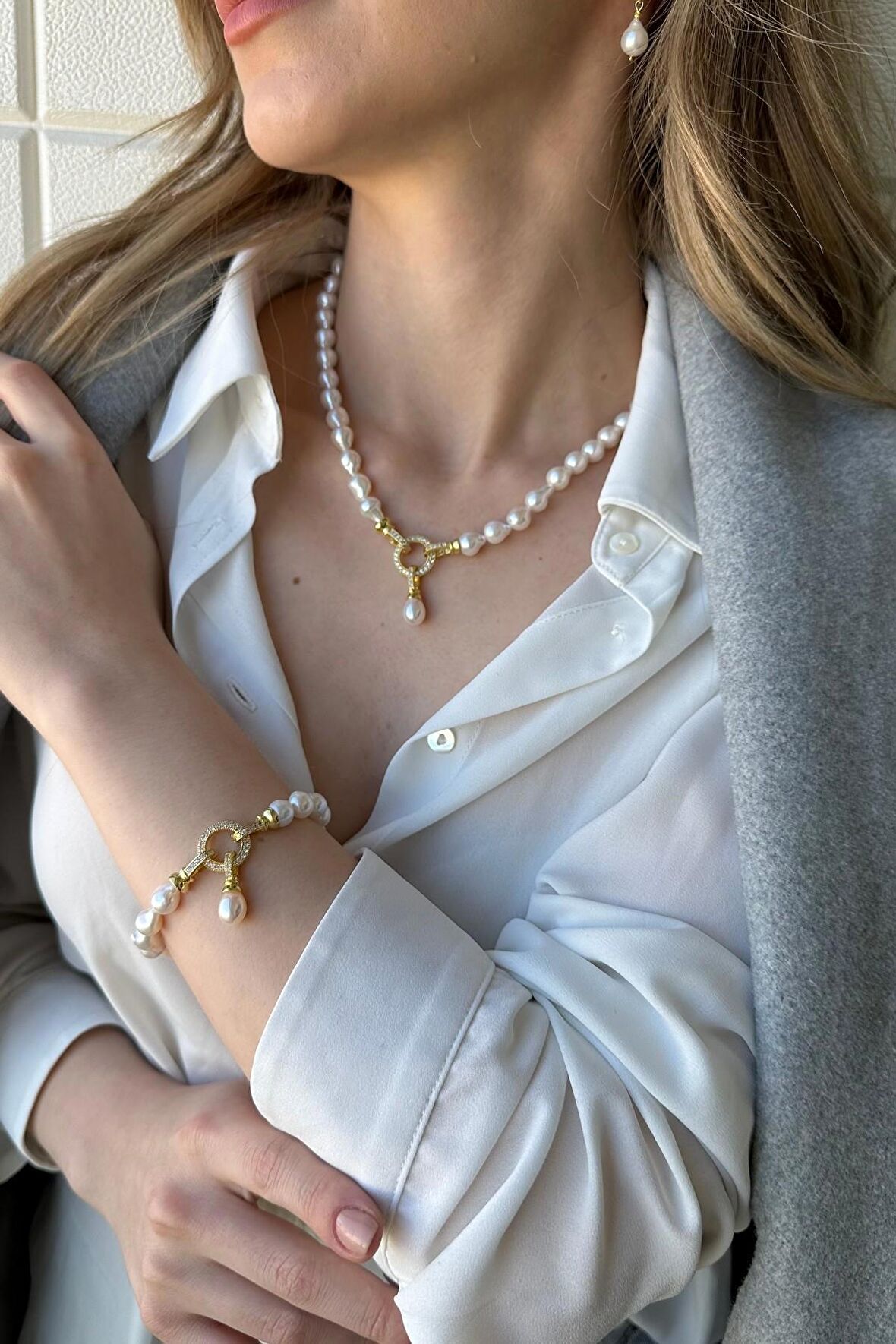 Birinci1926 925 Ayar Gümüş Zirkon Taşlı Halka Detaylı Beyaz Damla İnci Üçlü Set