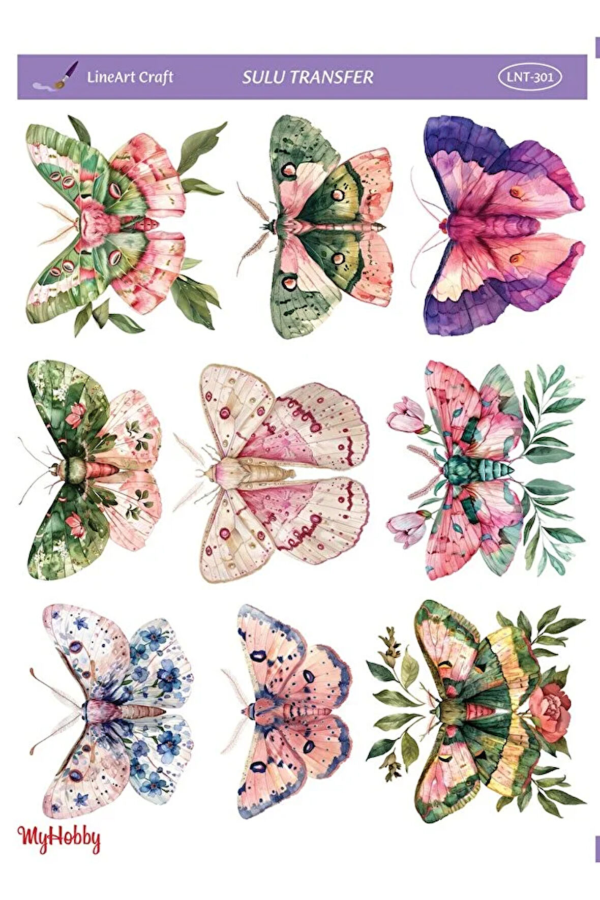 LNT-301 Renkli Kelebek Desenler 25 * 35 cm Sulu Transfer