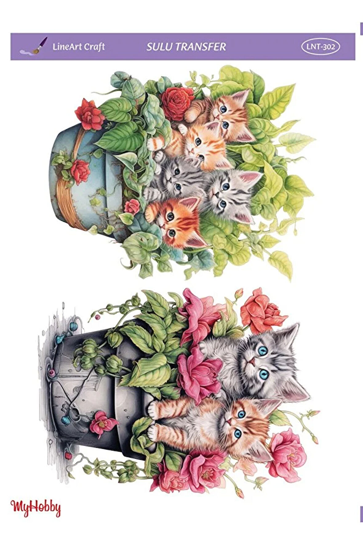 LNT-302 Saksı İçinde Minik Kediler 25 * 35 cm Sulu Transfer