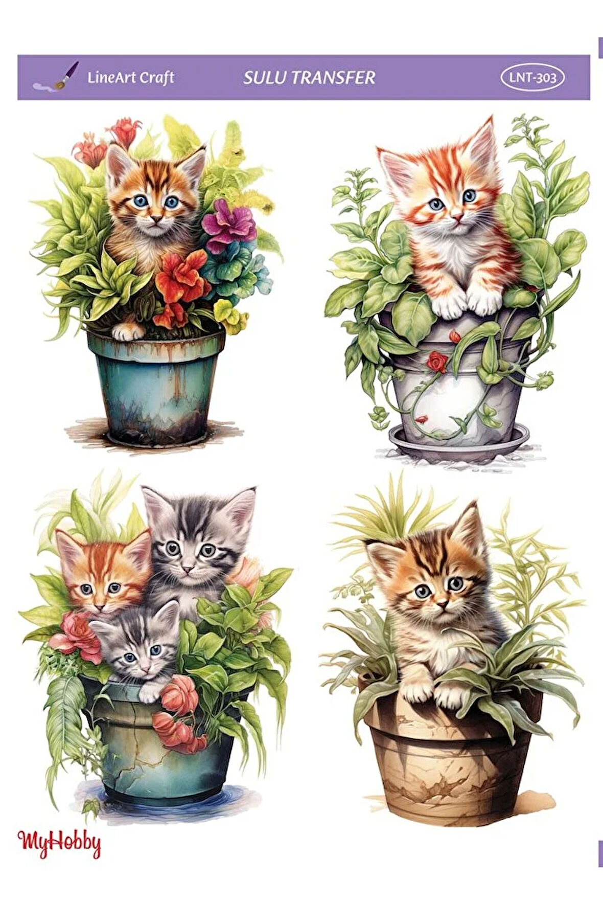 LNT-303 Saksı İçinde Sevimli Kediler 25 * 35 cm Sulu Transfer