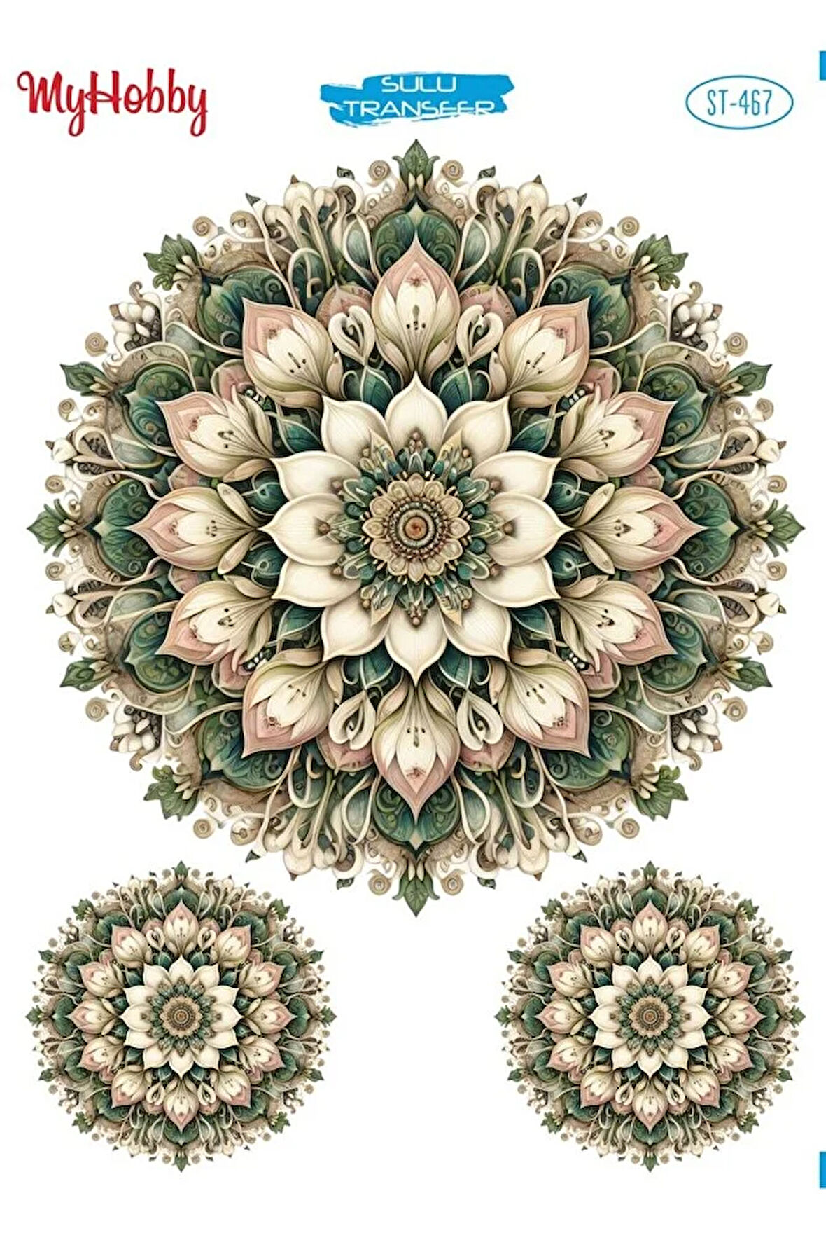 ST 467 Haki, Krem, Mandala Desen Sulu Transfer 25*35 cm