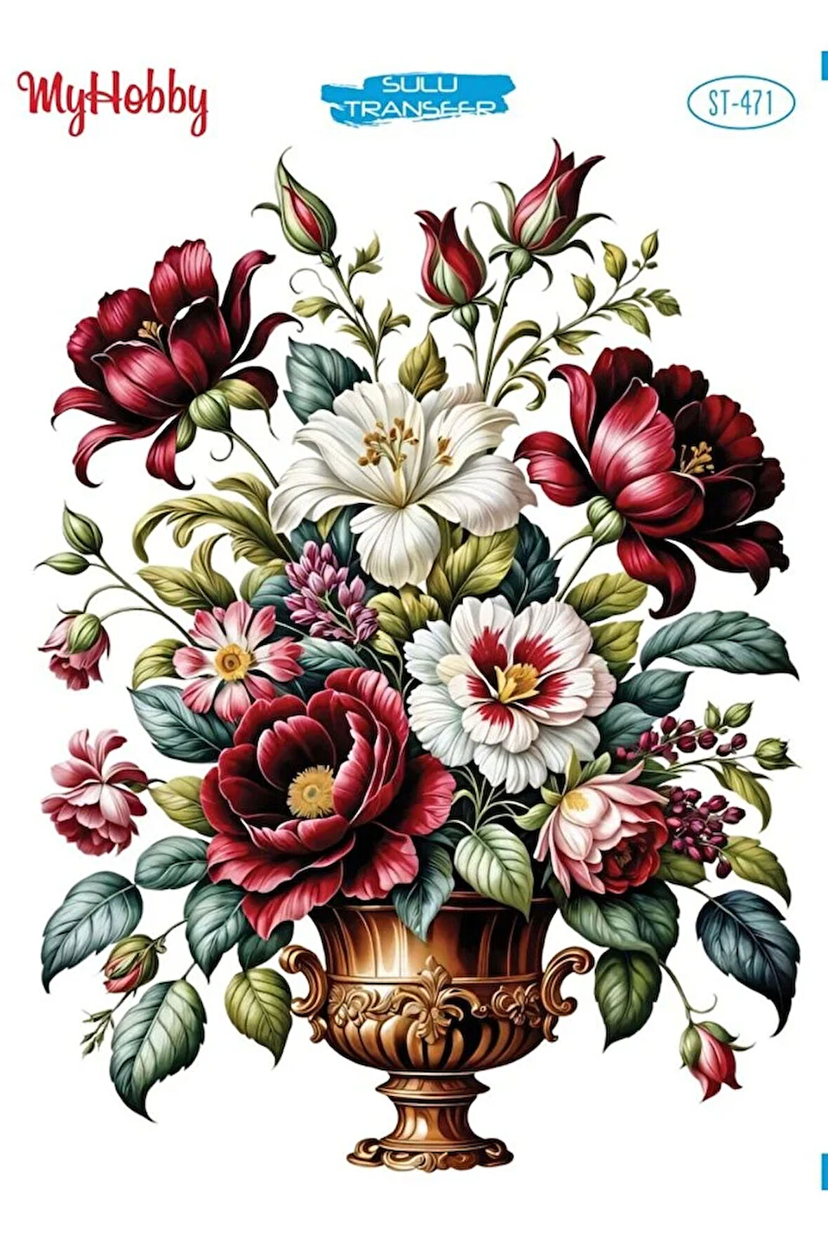 ST 471 Bordo, Krem, Vazoda Çiçekler Sulu Transfer 25*35 cm
