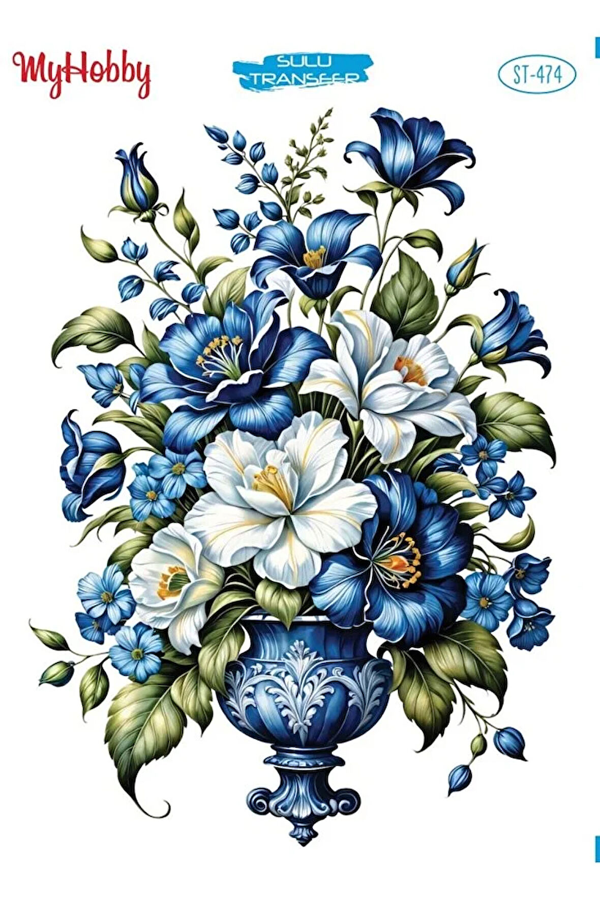 ST 474 Mavi Tonları Çiçek Desenli Sulu Transfer 25*35 cm