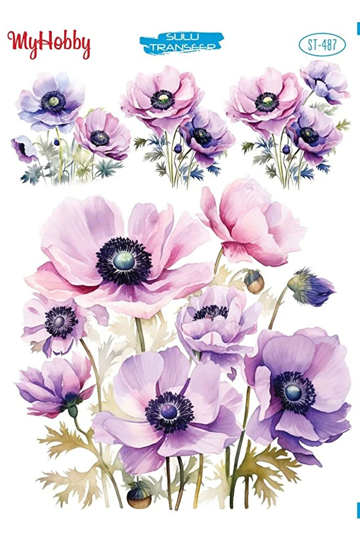 ST 487 Pembe, Lila, Mor, Kır Çiçekleri Sulu Transfer 25*35 cm