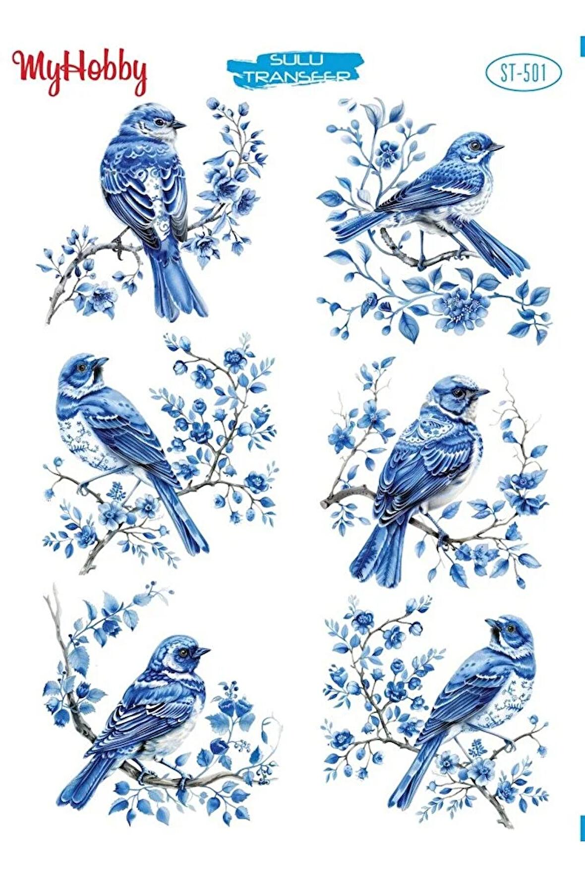 ST 501 Mavi Beyaz, Dal Üstünde Kuş Desenli Sulu Transfer 25*35 cm