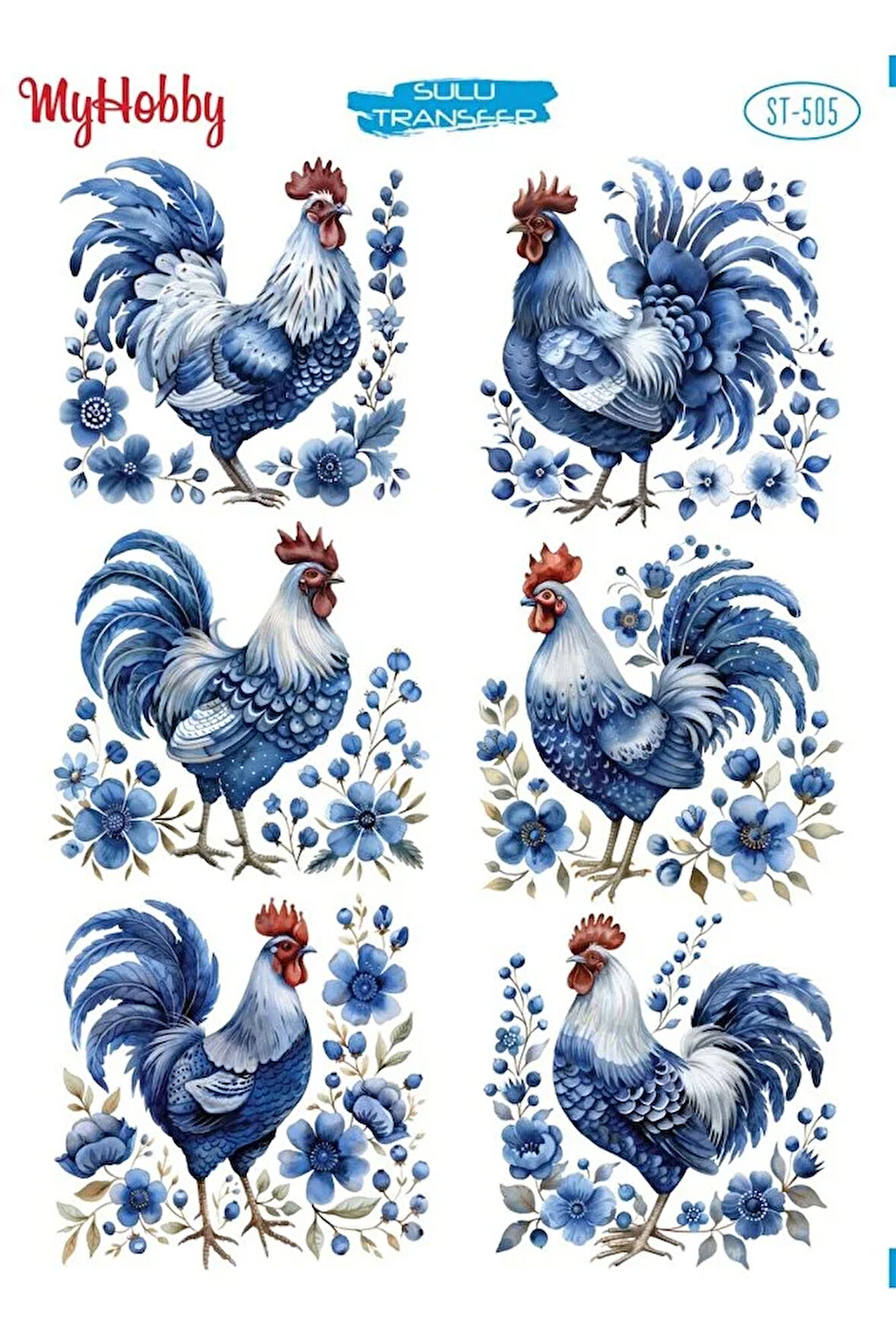 ST 505 Mavi Beyaz Horoz Desenli Sulu Transfer 25*35 cm