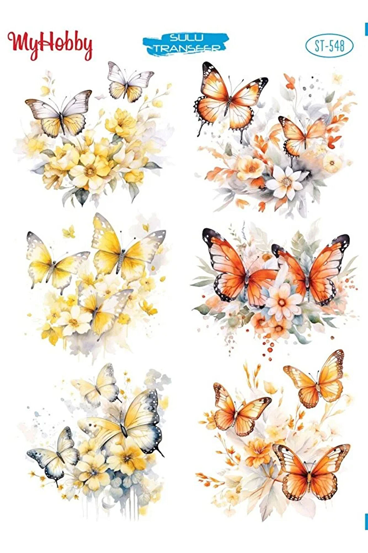 ST 548 Renkli Kelebek Desenli Sulu Transfer 25*35 cm