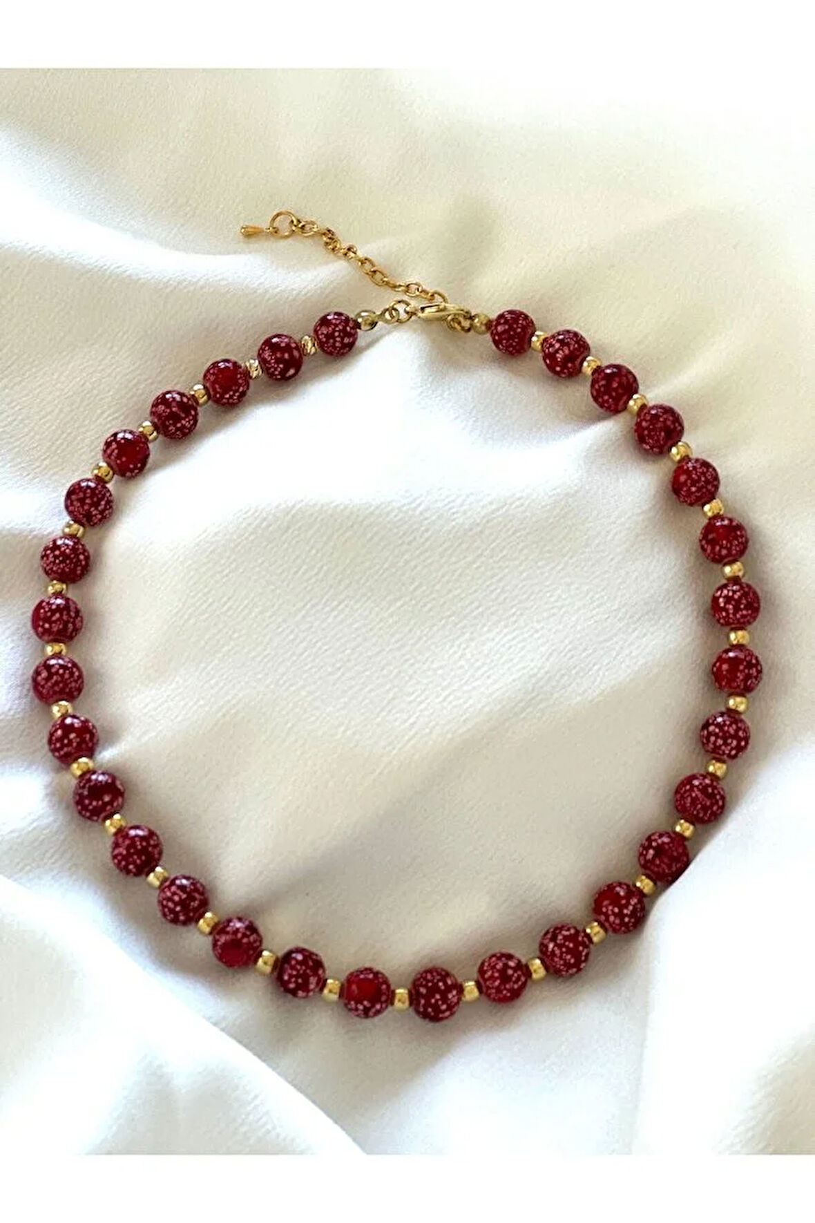 Kırmızı Cam Boncuk Taşlı Kolye, Choker Kolye