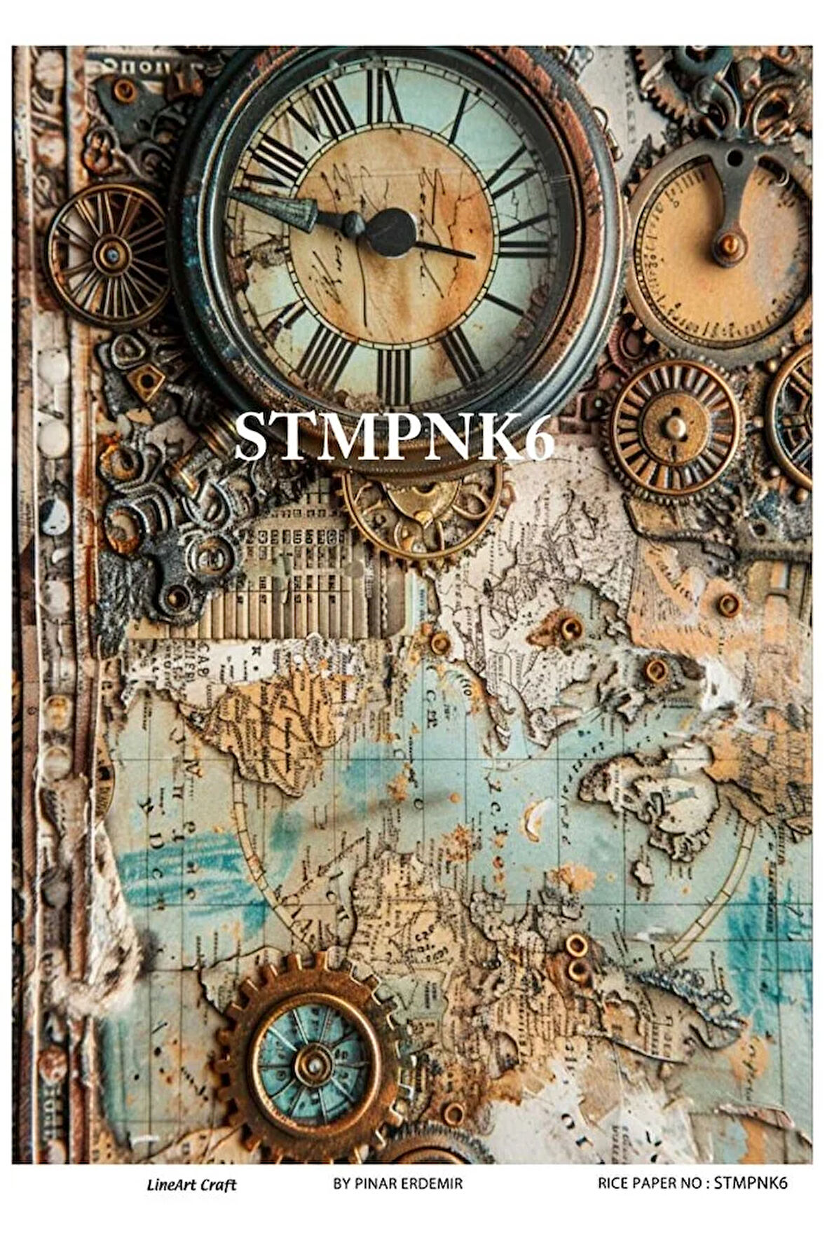 STMPNK6 Atlas, Saat, Çark Desenli Pirinç Dekopaj 30*42 cm