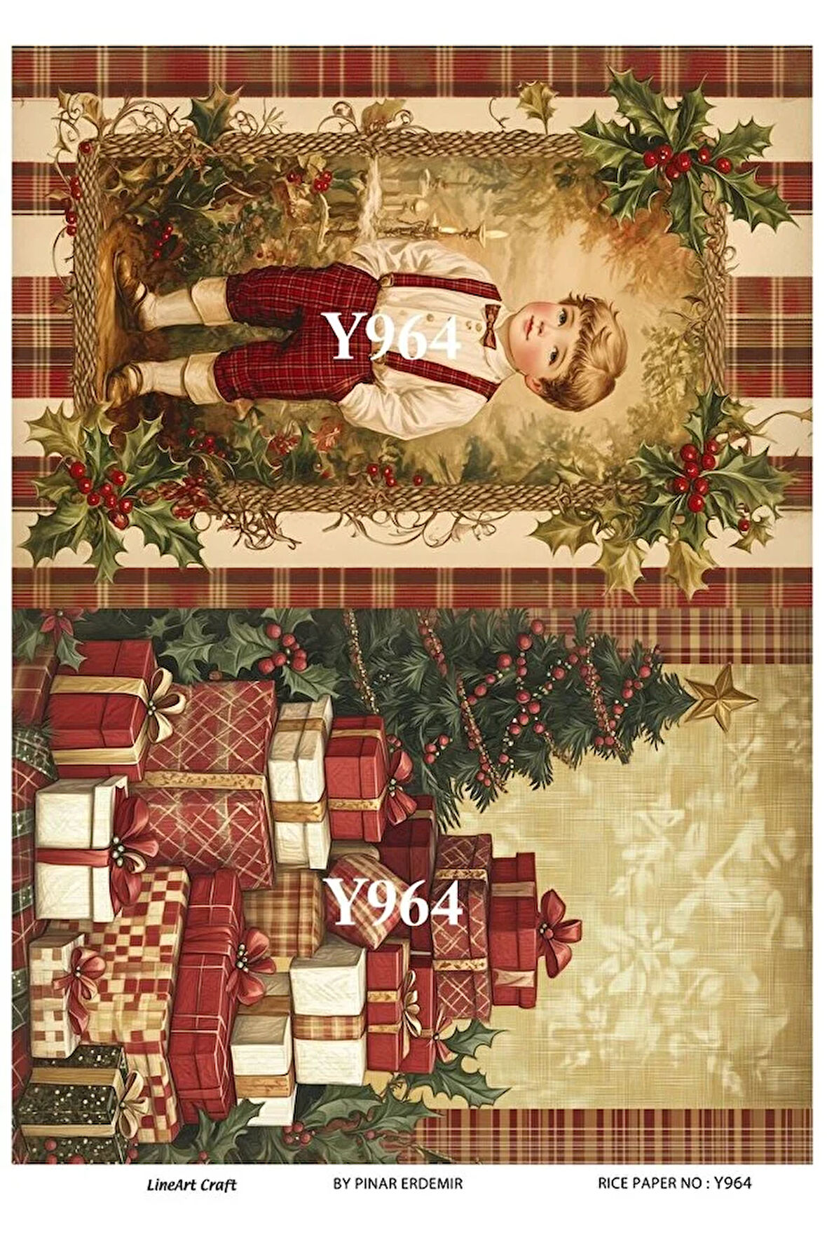 Y964 Yeniyıl Serisi, Çam Ağacı, Hediye Paketi Desenli Pirinç Dekopaj 25*35 cm