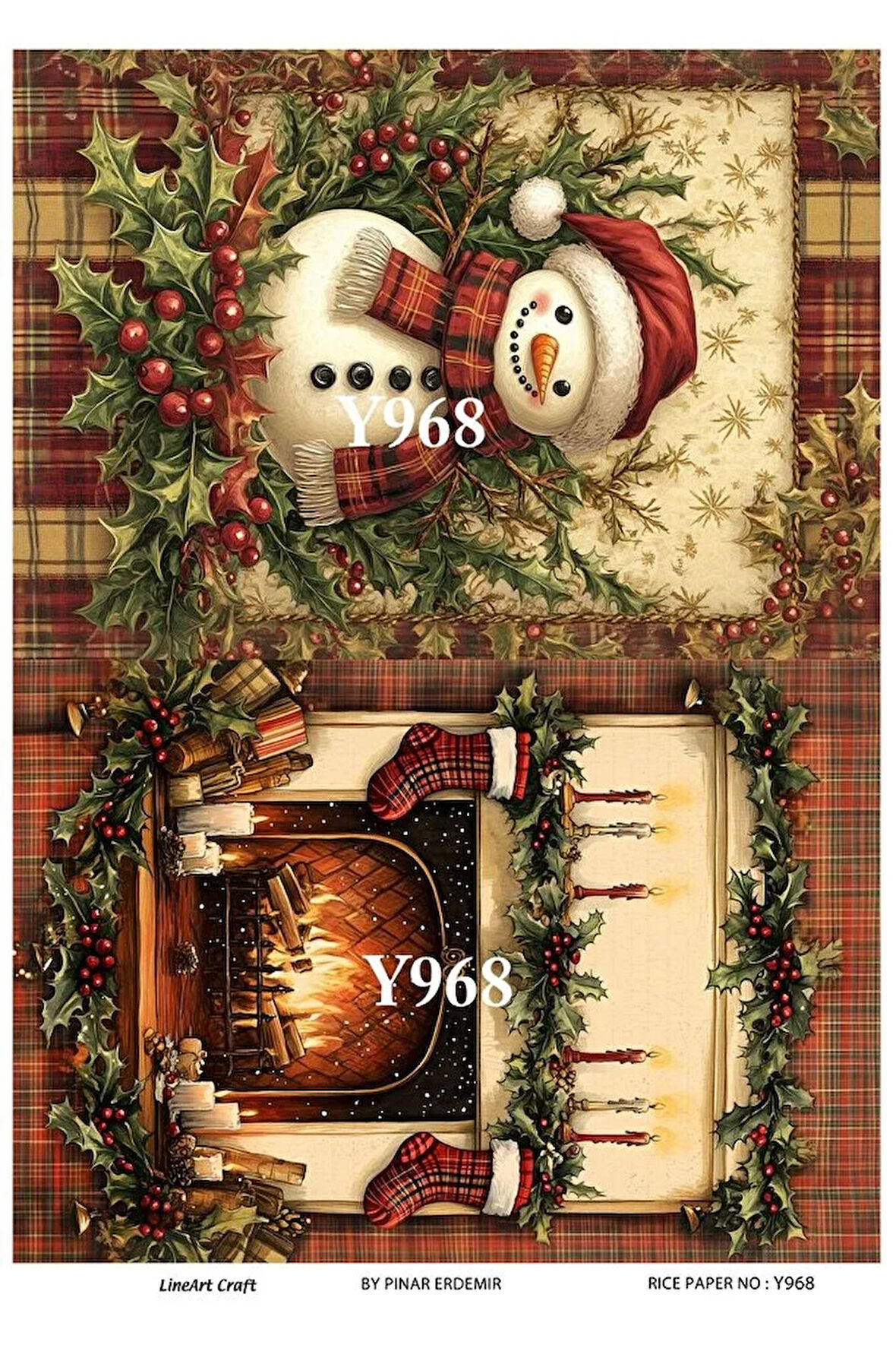 Y968 Yeniyıl Serisi, Kardan Adam, Şömine Desenli Pirinç Dekopaj 30*42 cm