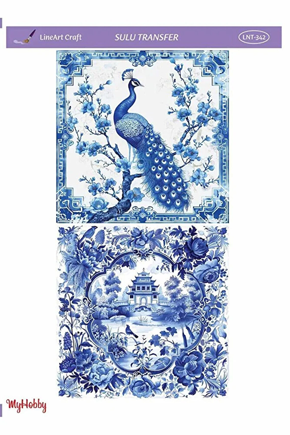 LNT 342 Mavi, Beyaz, Tavuskuşu Desenli Açık Zemin Sulu Transfer 25*35 cm