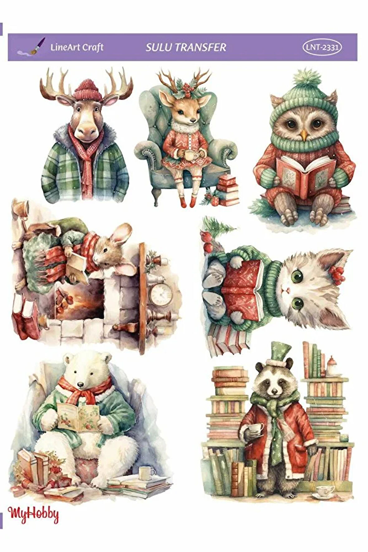 LNT2331 Yeniyıl Serisi, Geyik, Baykuş Desenli Açık Zemin Sulu Transfer 25*35 cm