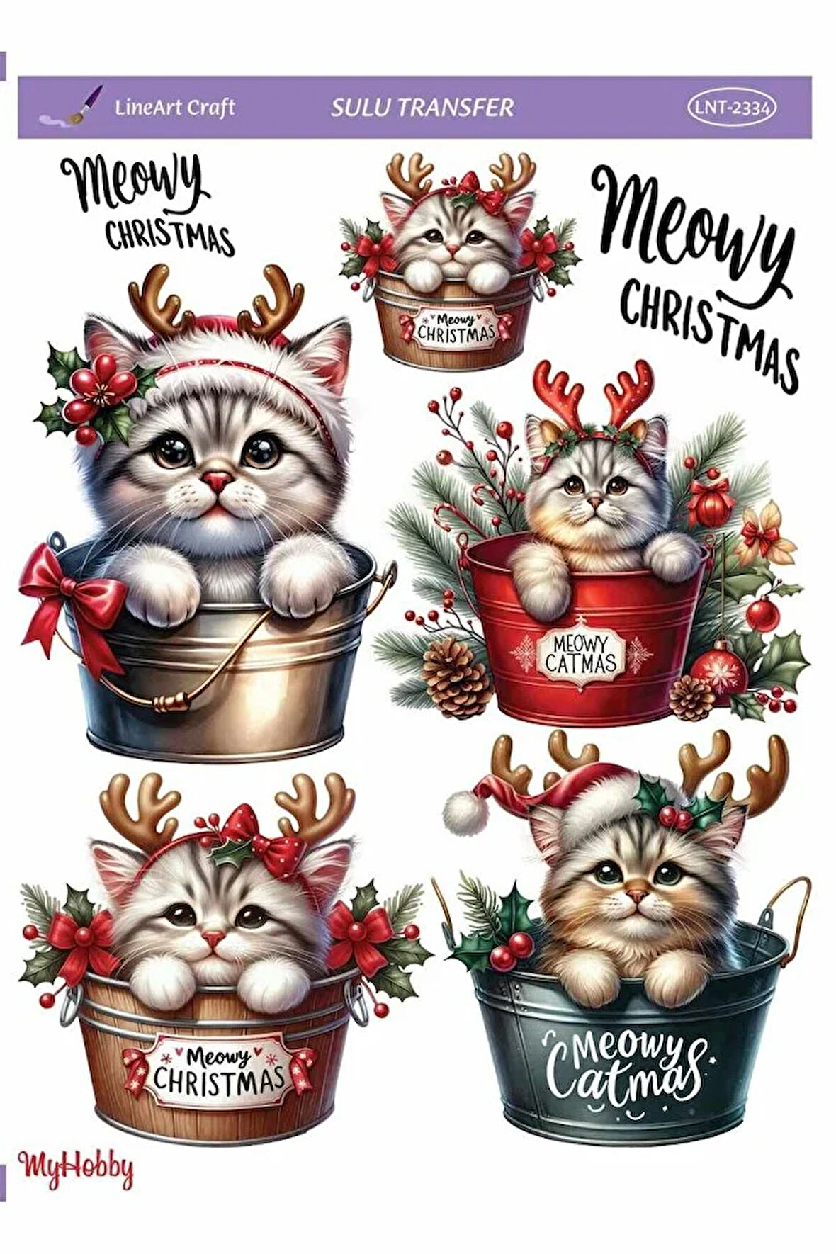 LNT2334 Yeniyıl Serisi, Kova İçinde Kedi Desenli Açık Zemin Sulu Transfer 25*35 cm