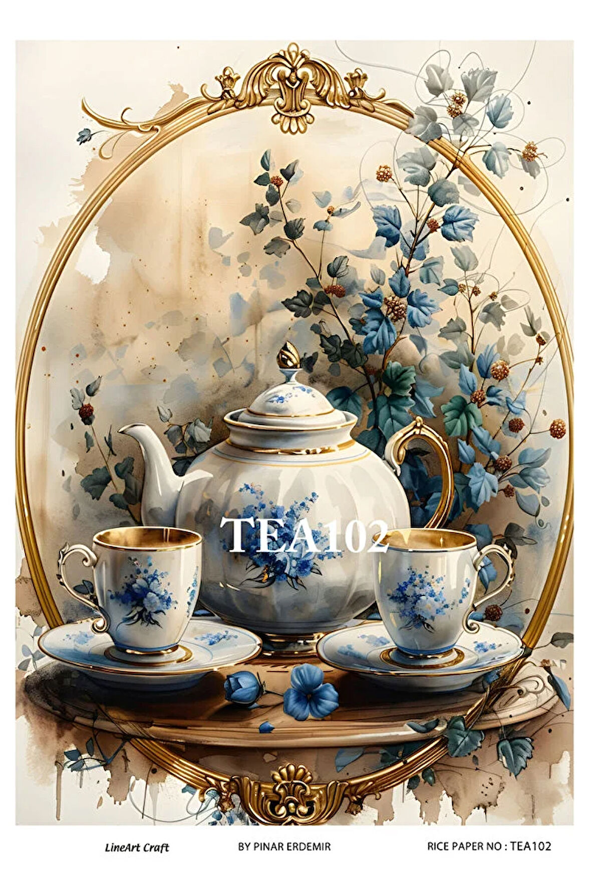 Çay Serisi TEA102 Fincan, Çiçek, Pano Desenli 29*42 cm Pirinç Dekopaj