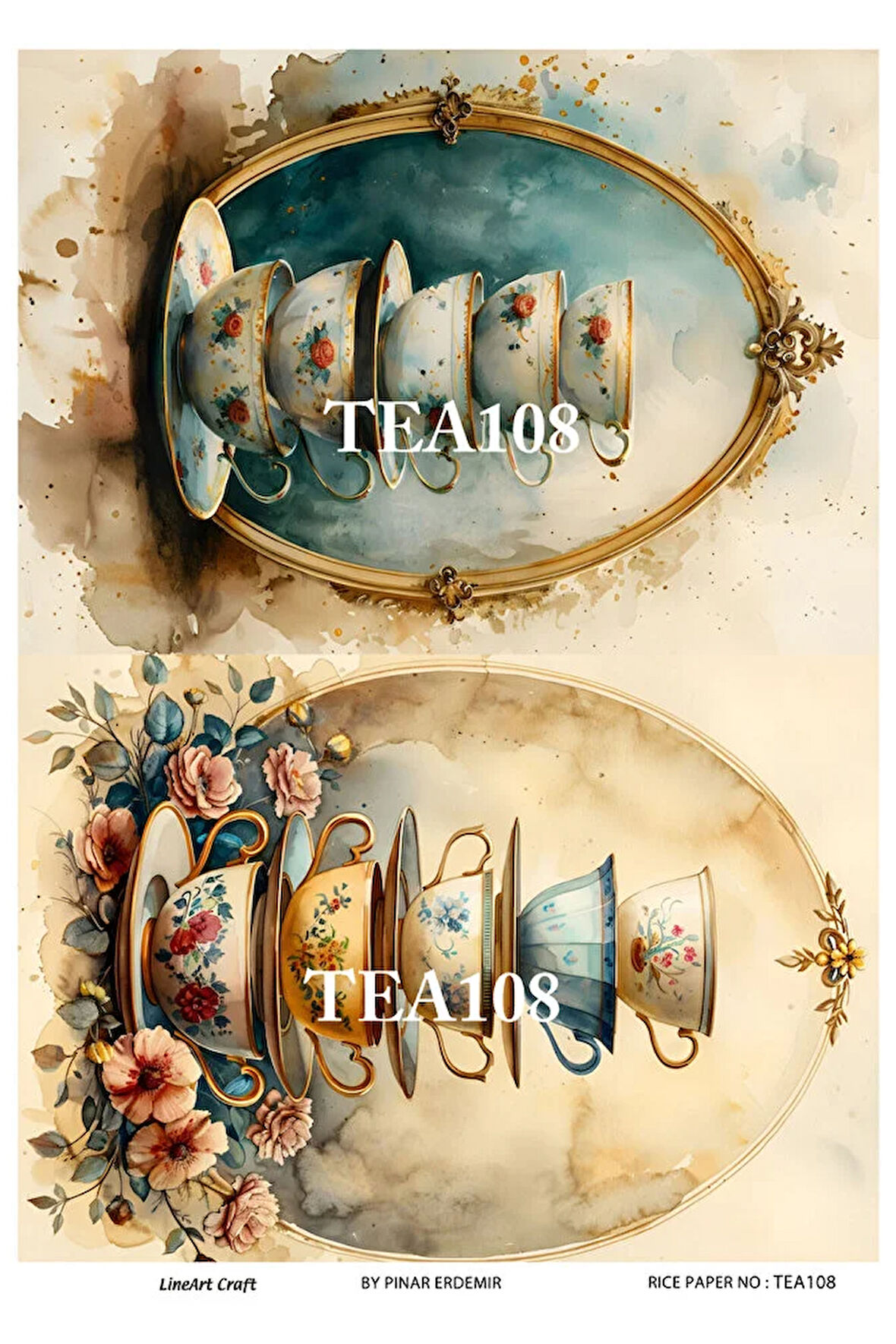 Çay Serisi TEA108 Fincan, Çiçek, Pano Desenli 29*42 cm Pirinç Dekopaj