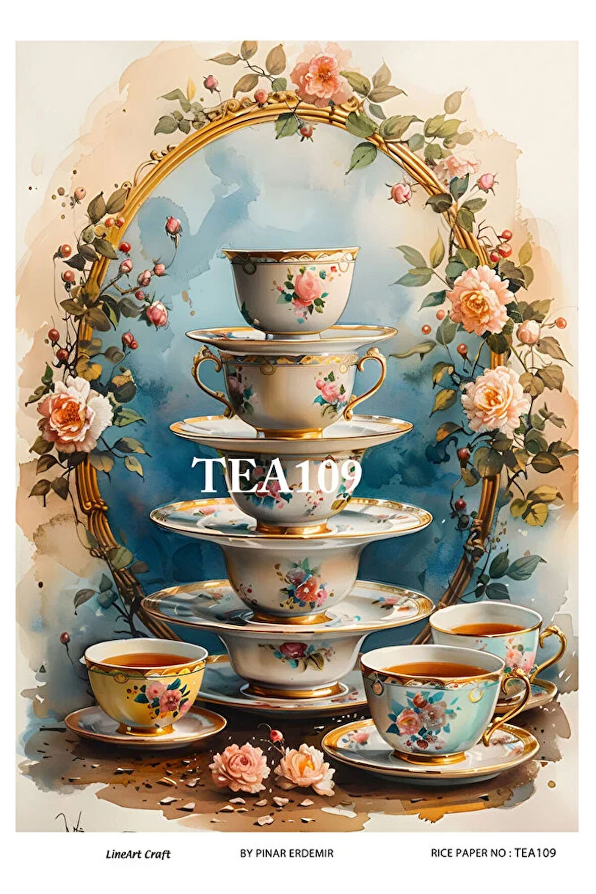 Çay Serisi TEA109 Fincan, Çiçek, Pano Desenli 29*42 cm Pirinç Dekopaj
