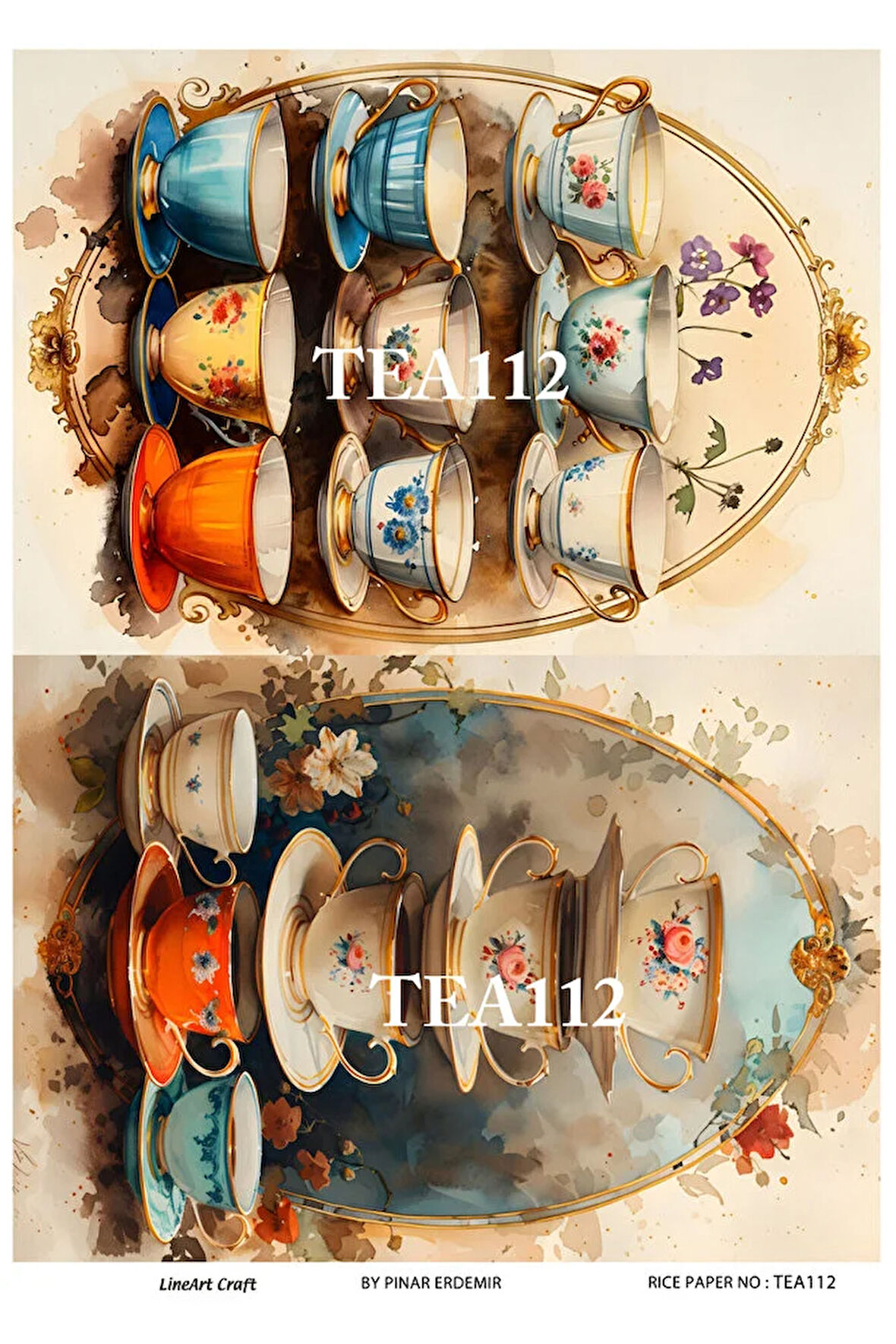 Çay Serisi TEA112 Fincan, Çiçek, Pano Desenli 29*42 cm Pirinç Dekopaj