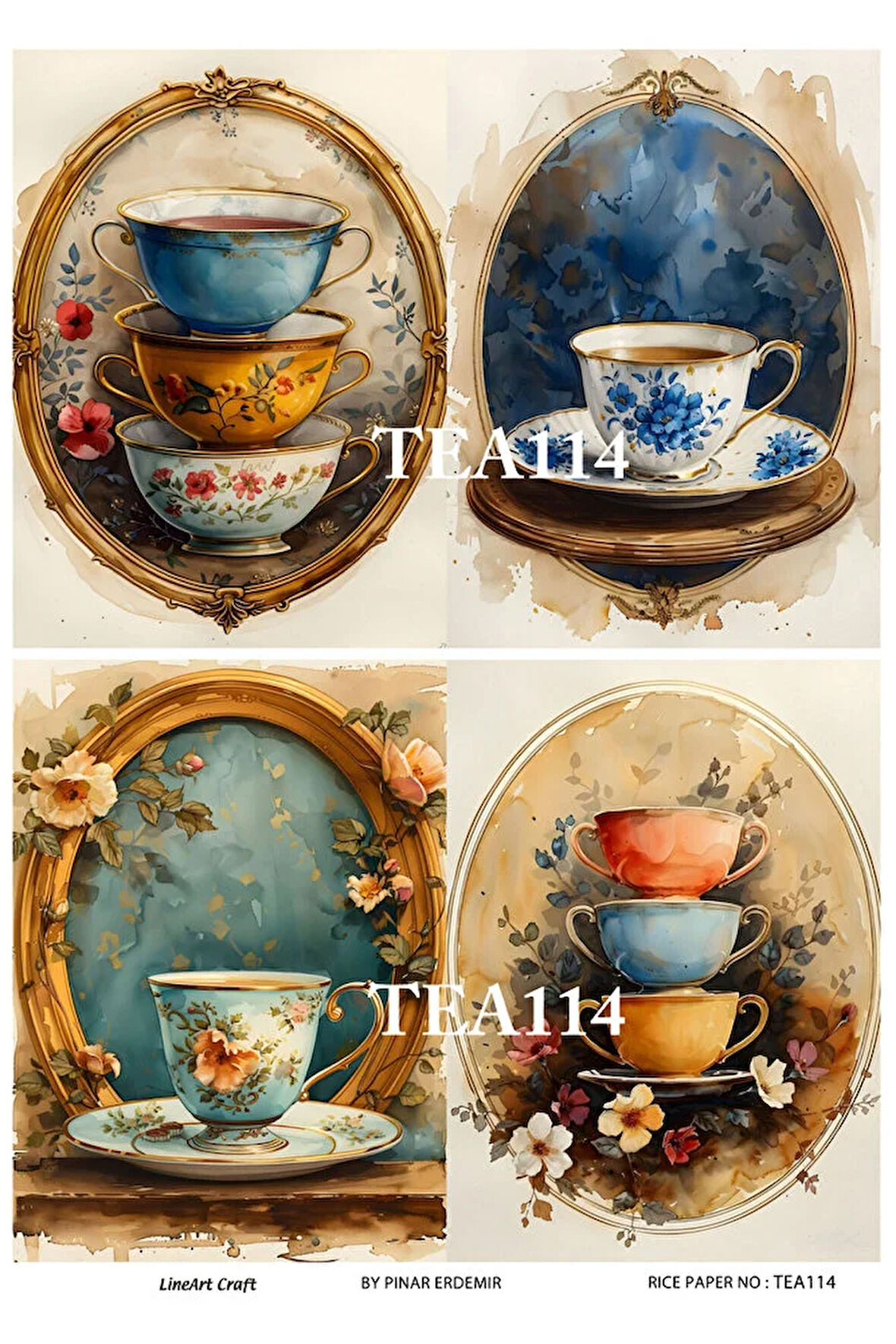 Çay Serisi TEA114 Fincan, Çiçek, Pano Desenli 29*42 cm Pirinç Dekopaj