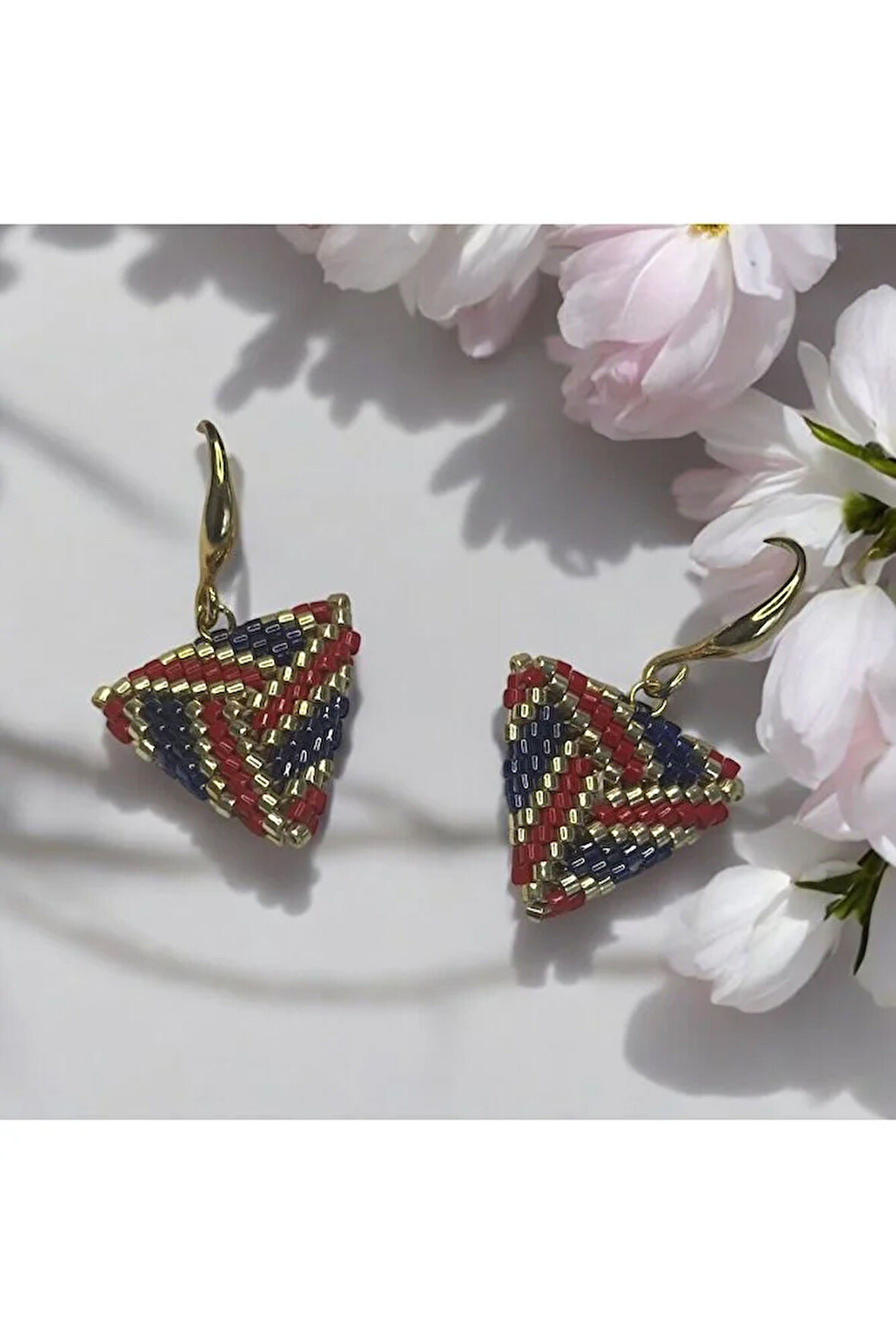 Kırmızı, Lacivert, Gold, Üçgen Küpe, Boncuk Küpe, Handmade Takı, Aksesuar, Bijuteri Küpe