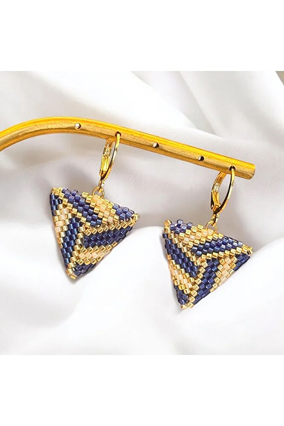Lacivert, Gold, Krem, Üçgen Küpe, Boncuk Küpe, Handmade Takı, Aksesuar, Bijuteri Küpe