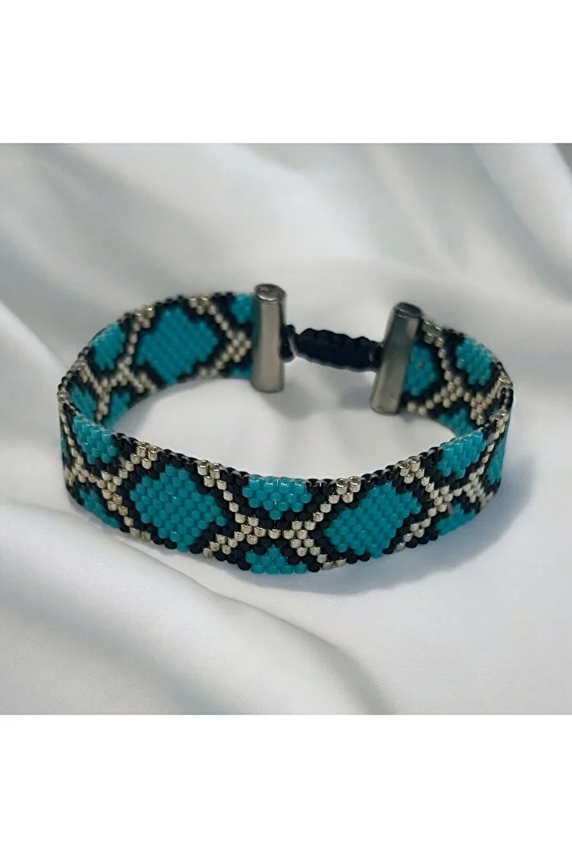 Mavi, Siyah, Gümüş Timsah Derisi Model Miyuki Boncuk Bileklik