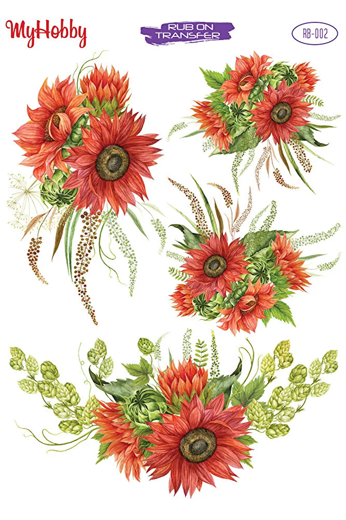 RB002 Kırmızı Çiçek Desenli Rub On Transfer 25*35 cm