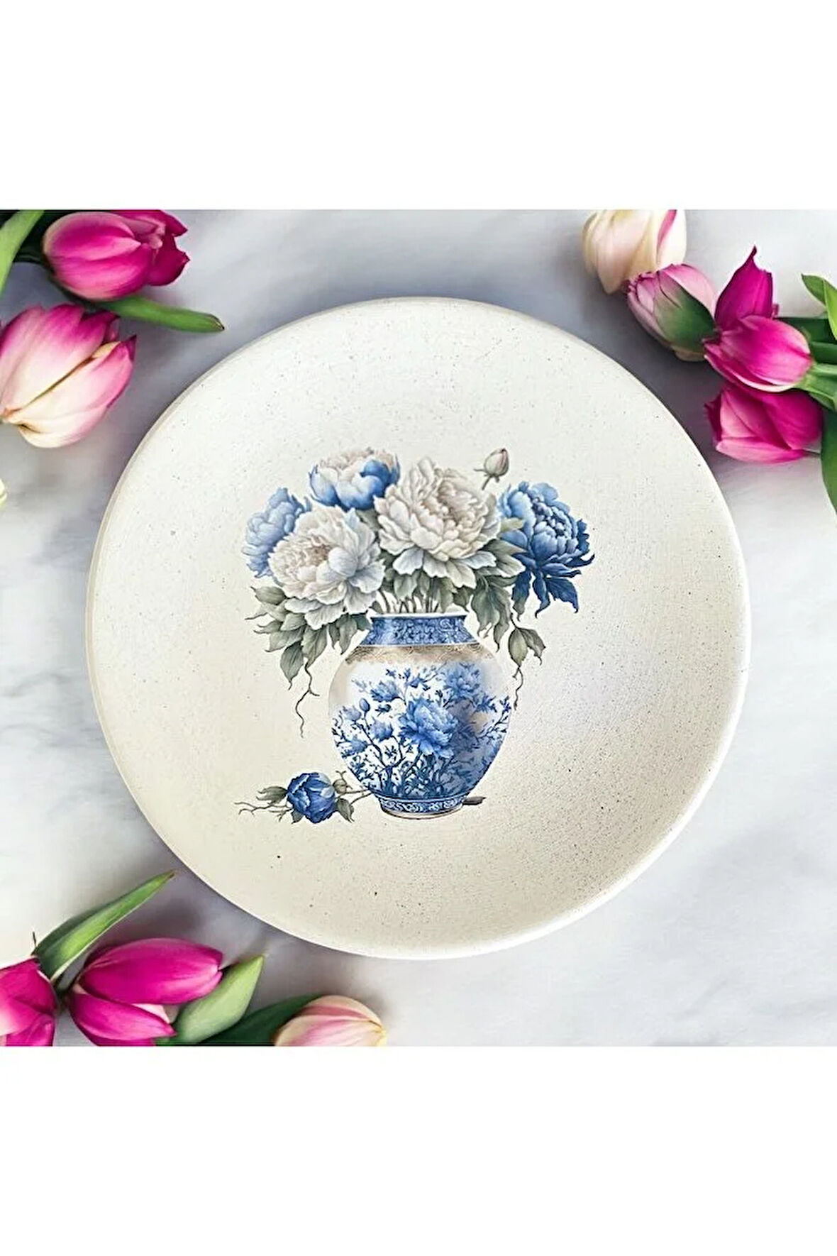 Mavi Beyaz, Çiçek Desenli Duvar Tabağı, Dekoratif Duvar Tabağı 18 cm