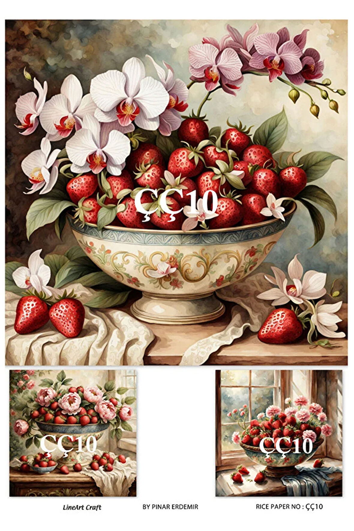 ÇÇ10 Çilek ve Çiçek Desen li 30*42 cm Pirinç dekopaj