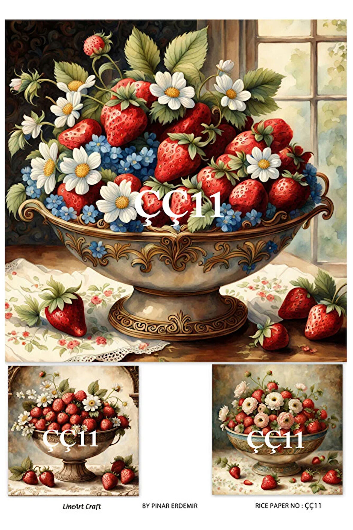 ÇÇ11 Çilek ve Çiçek Desen li 30*42 cm Pirinç dekopaj