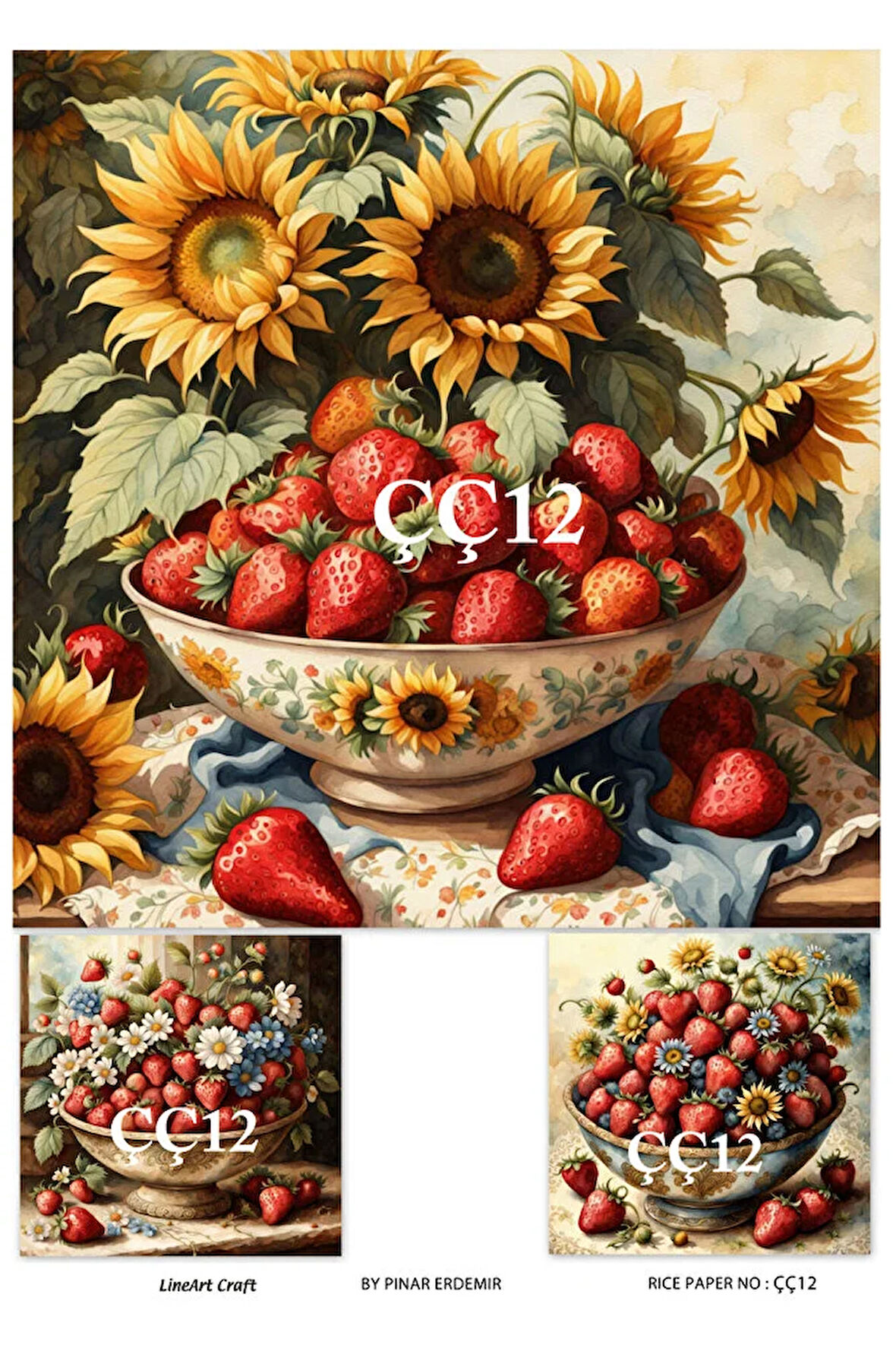 ÇÇ12 Çilek ve Çiçek Desen li 30*42 cm Pirinç dekopaj